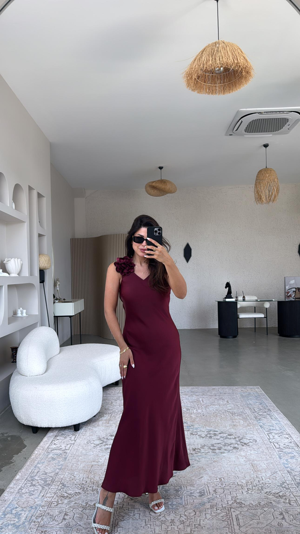 Bordo Çiçek Broşlu Premium Elbise