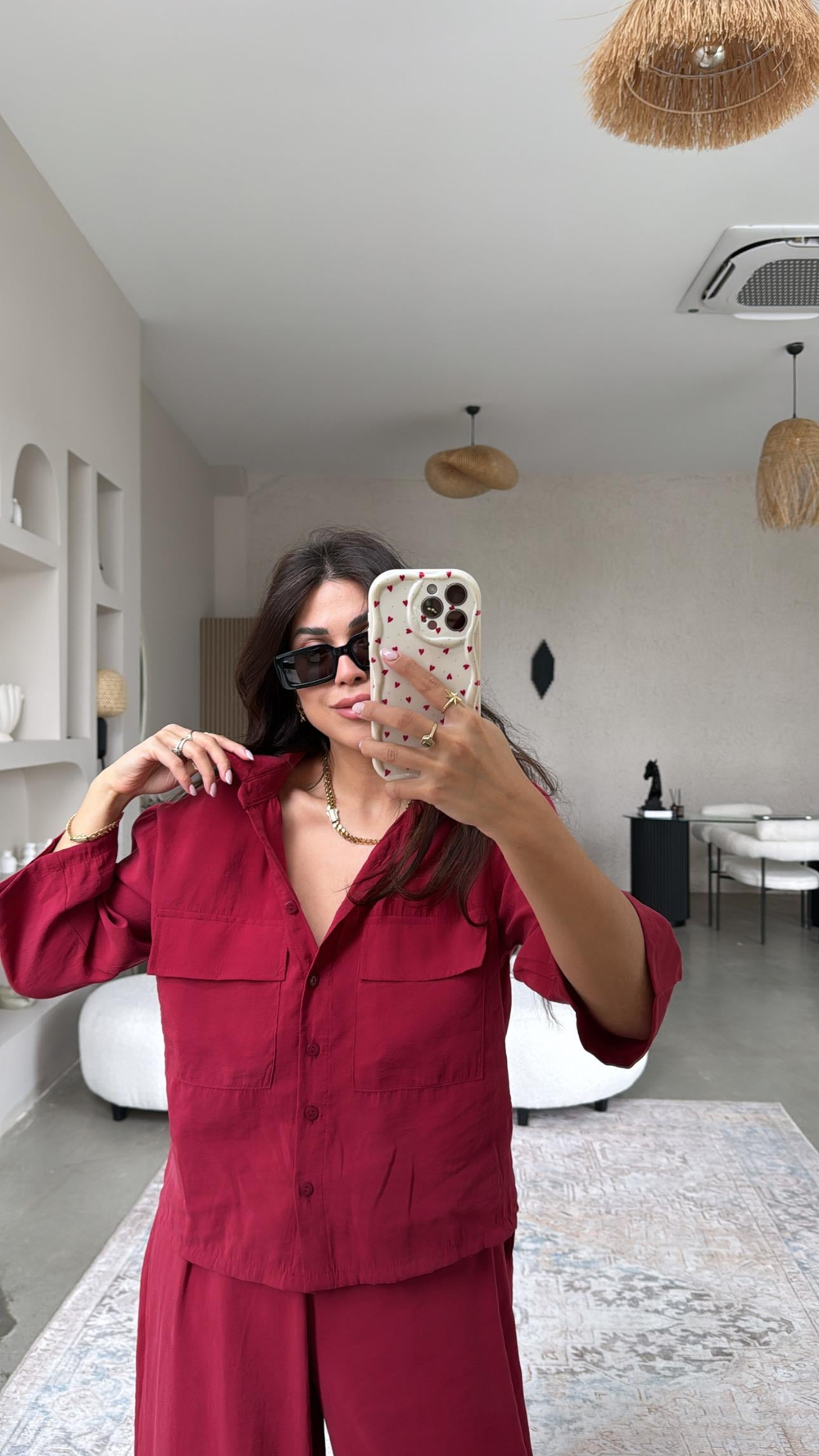 Bordo Çift Cepli Gömlek Pantolon Takım