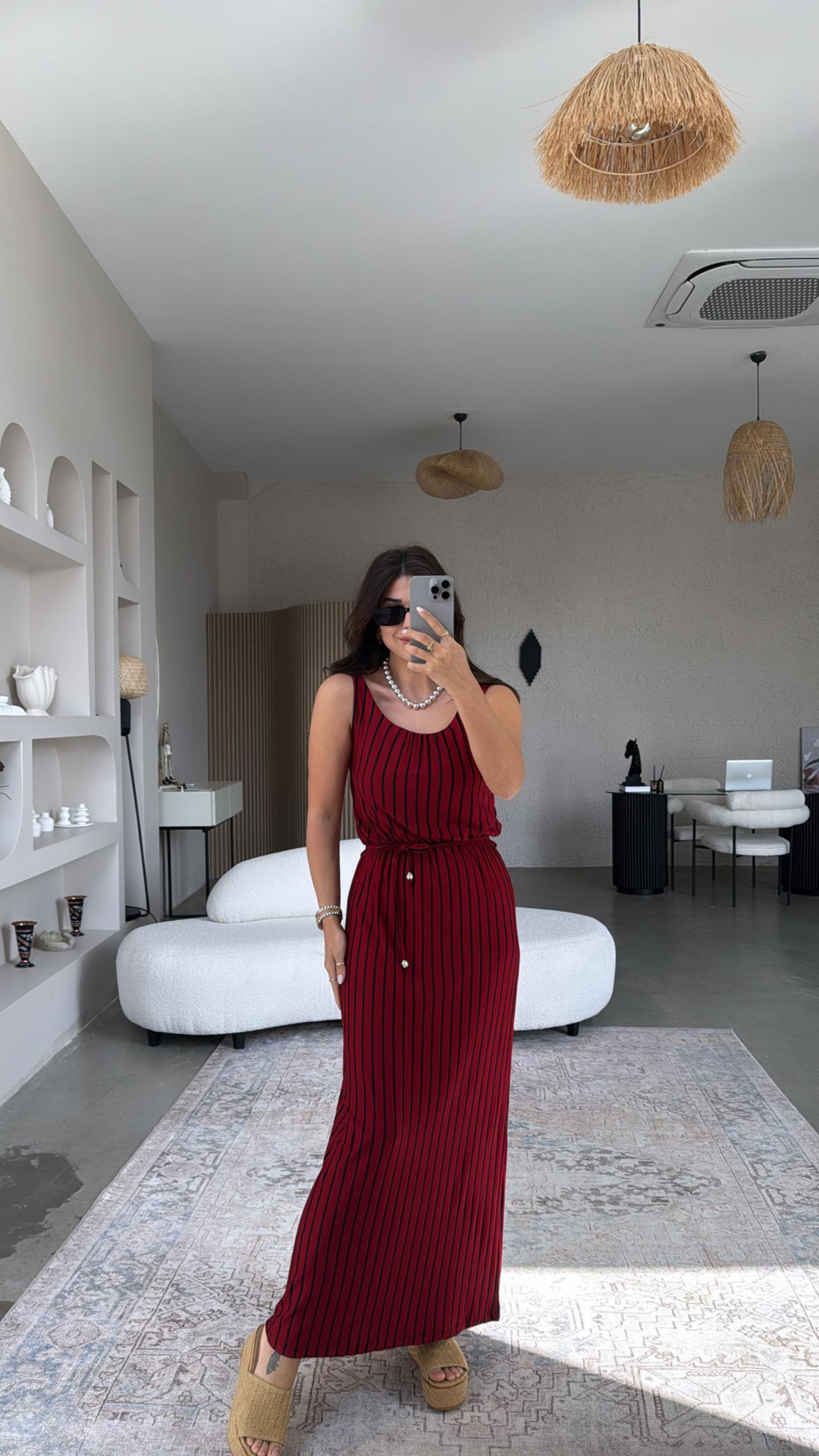 Bordo Çizgili Viskon Basic Elbise