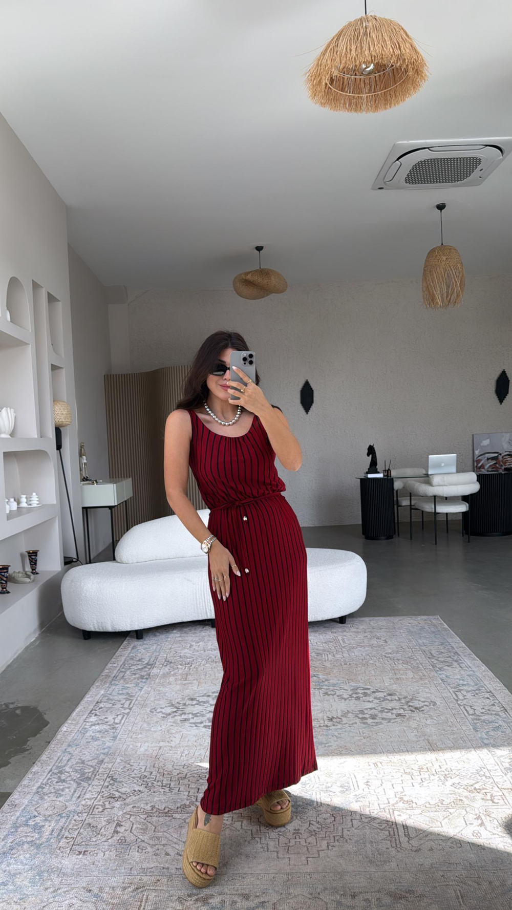 Bordo Çizgili Viskon Basic Elbise
