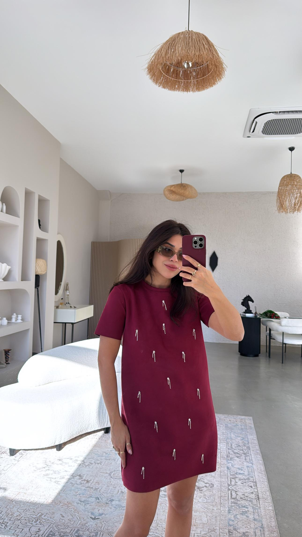 Bordo Çubuk Taş Sallantılı Elbise