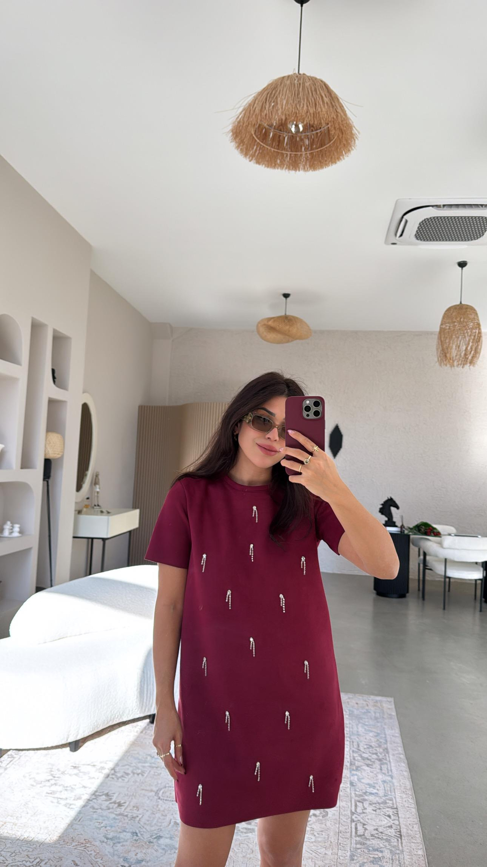 Bordo Çubuk Taş Sallantılı Elbise