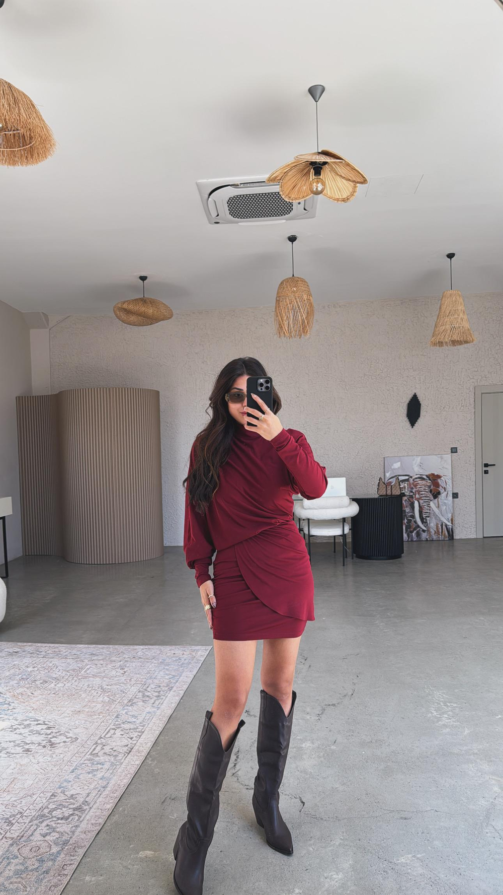 Bordo Dik Yaka Drapeli Modal Elbise