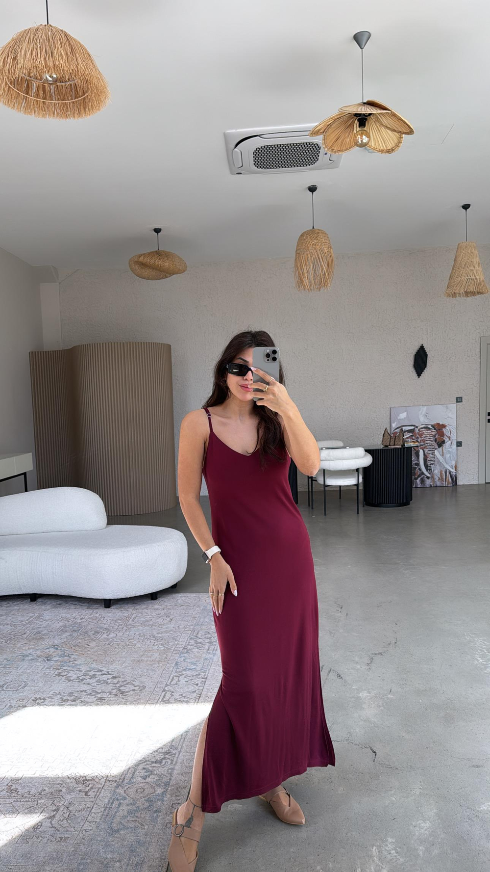 Bordo İp Askı Pike Modal Elbise
