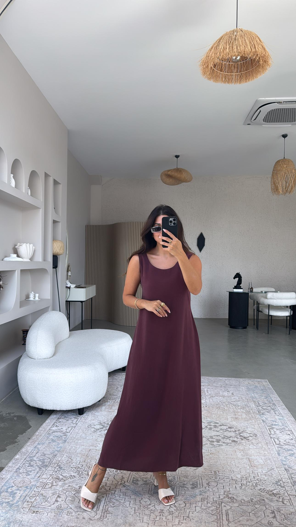 Bordo Kalın Askı Tensel Midi Elbise