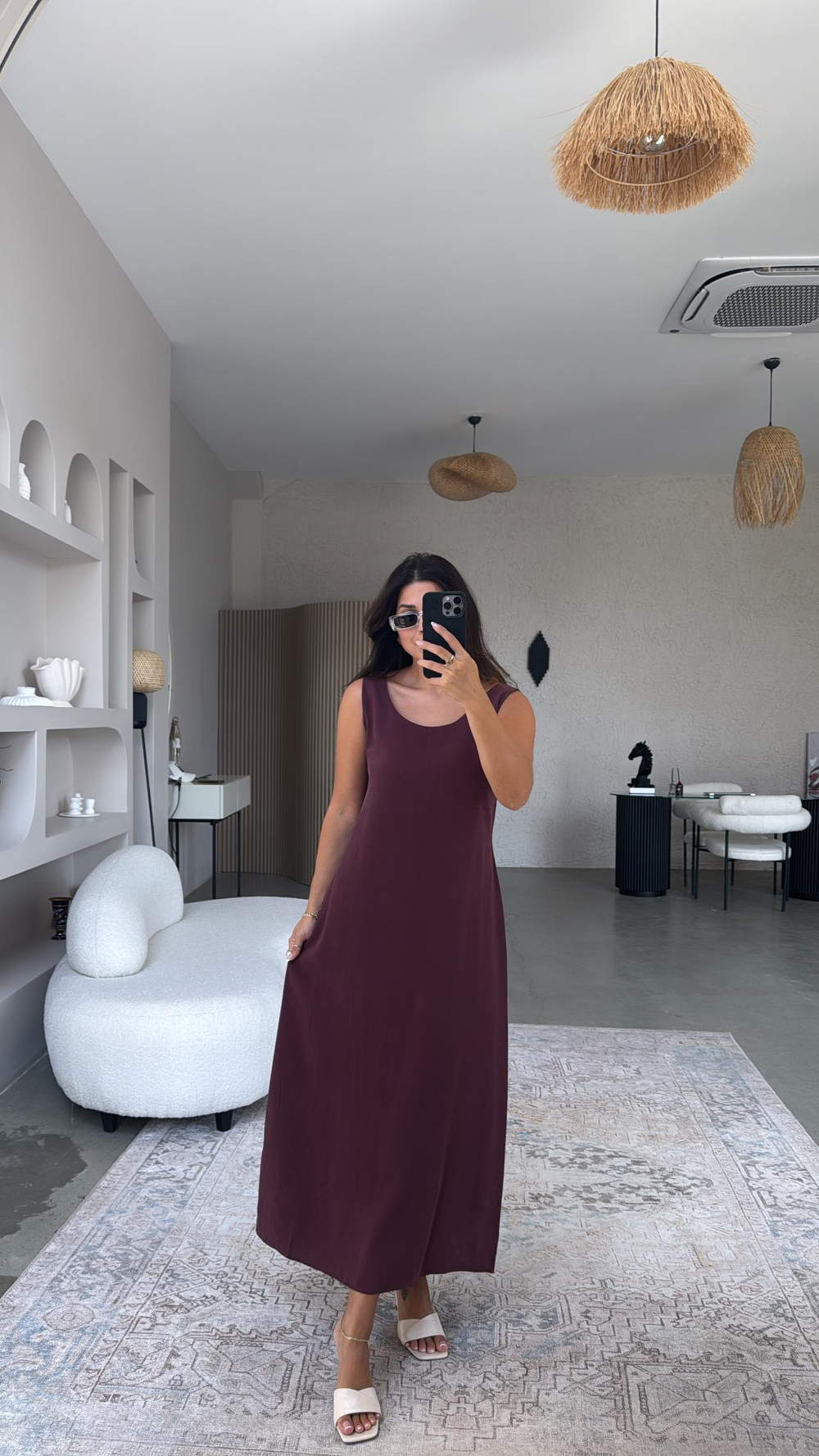 Bordo Kalın Askı Tensel Midi Elbise