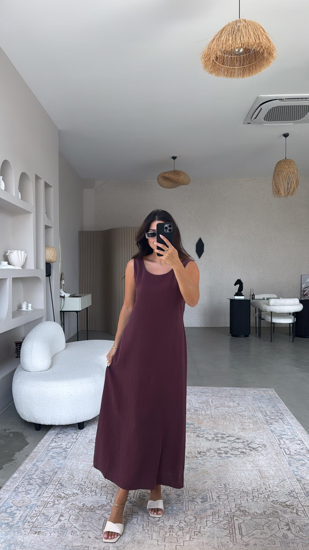 Bordo Kalın Askı Tensel Midi Elbise