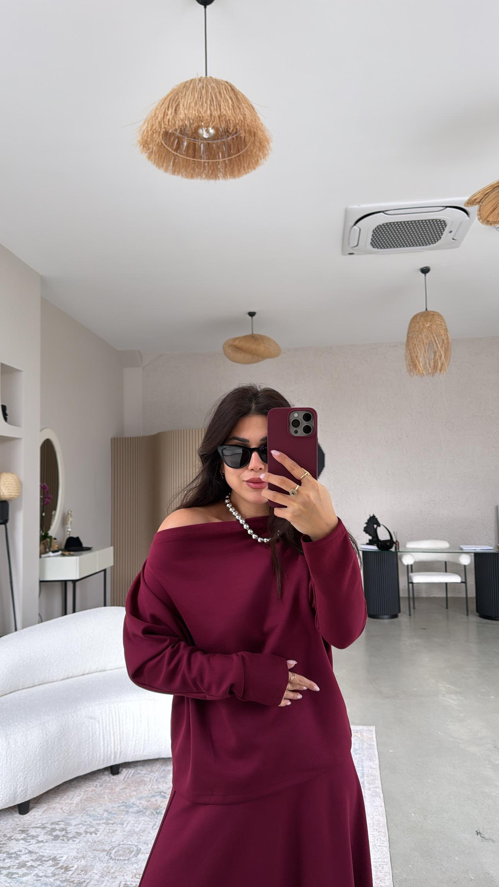Bordo Kayık Yaka Modal Kumaş Etek Bluz Takım