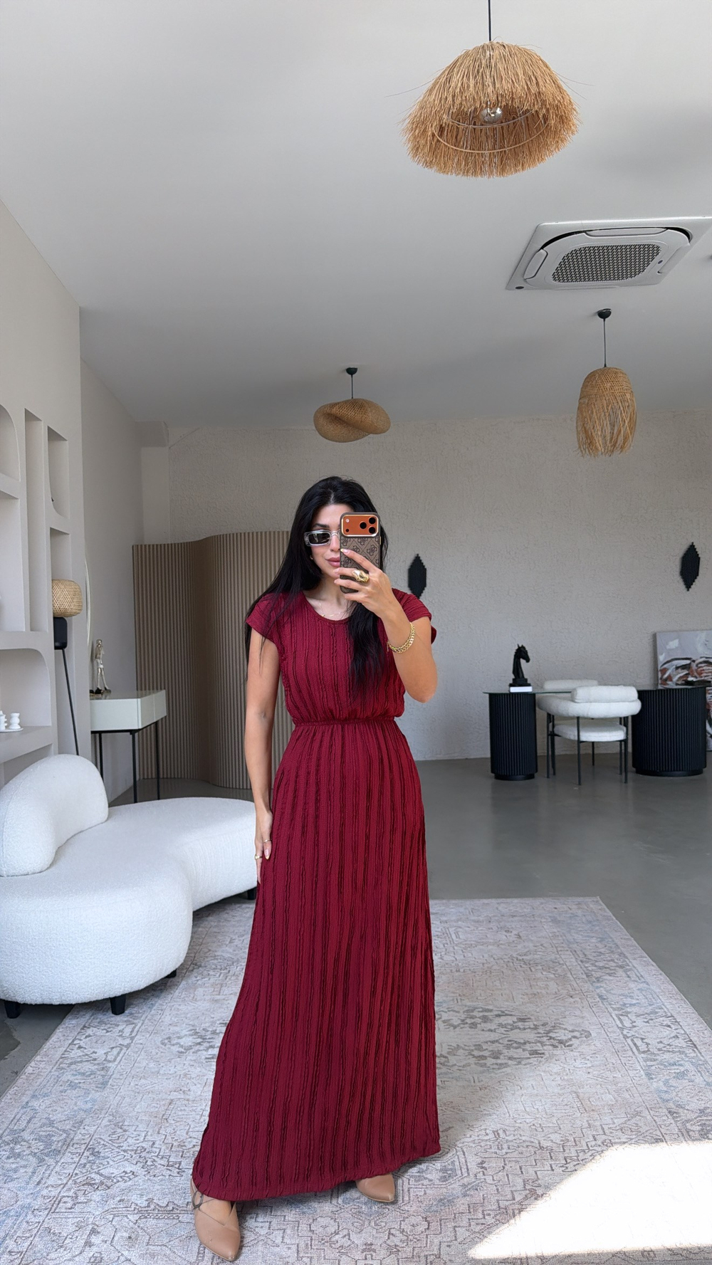 Bordo Kendinden Çizgi Dokulu Beli Lastikli Maxi Bürümcük Elbise