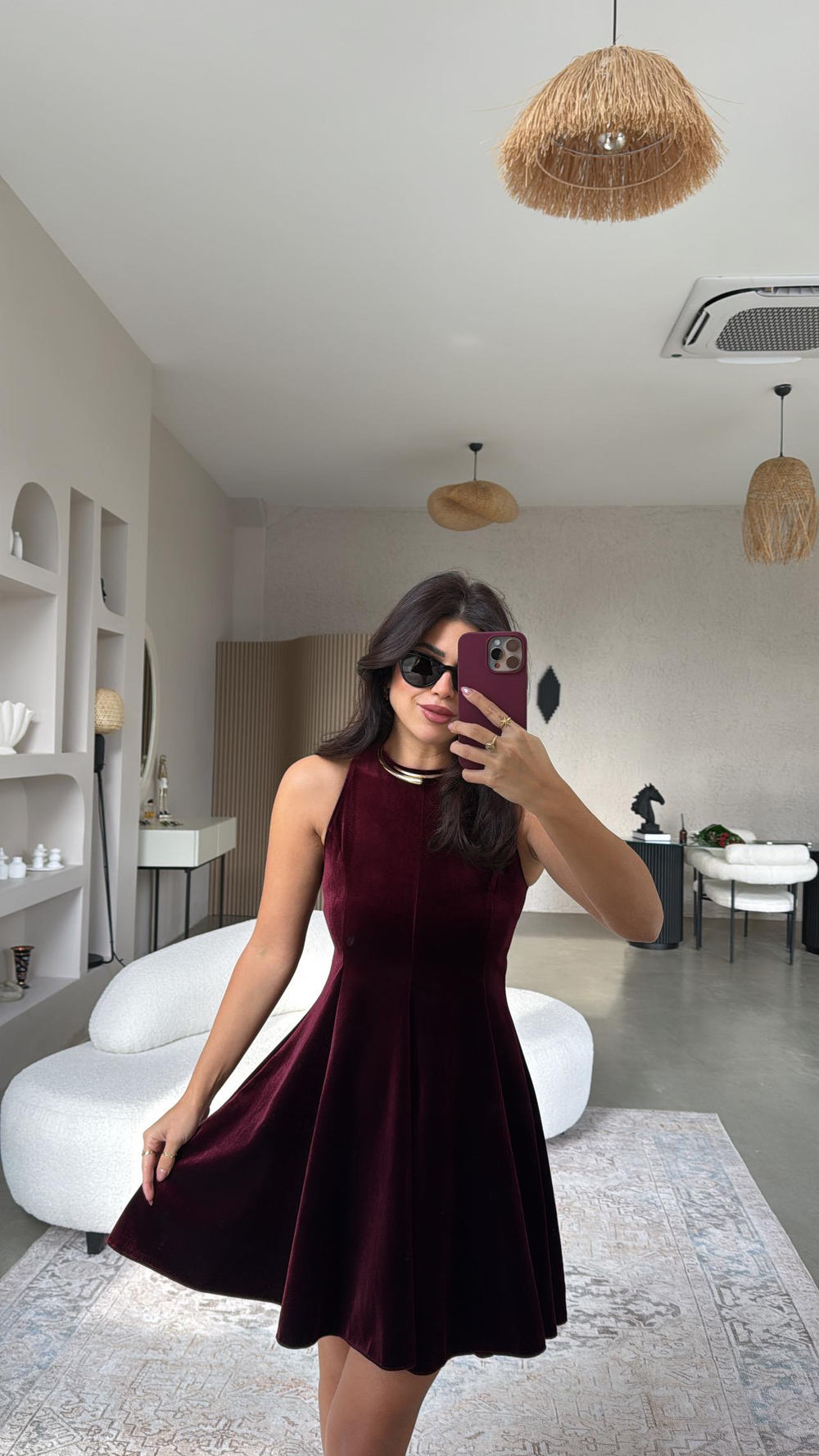 Bordo Kiloş Halter Yaka Kadife Elbise