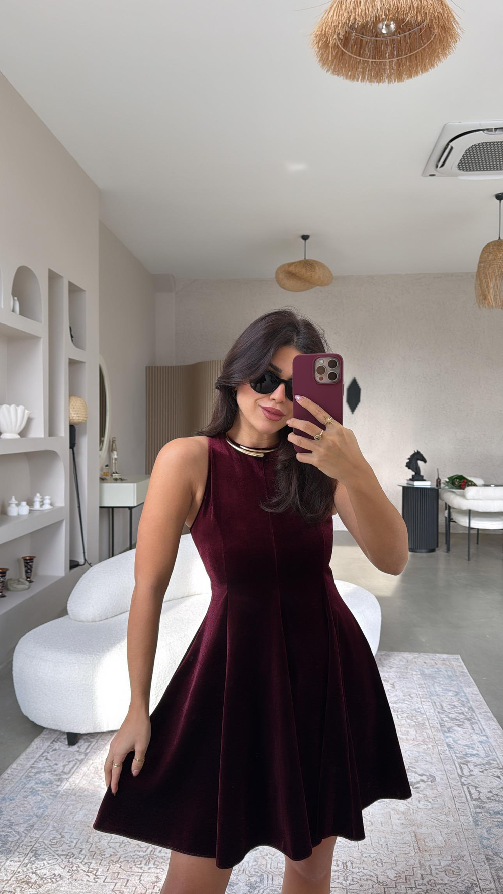Bordo Kiloş Halter Yaka Kadife Elbise