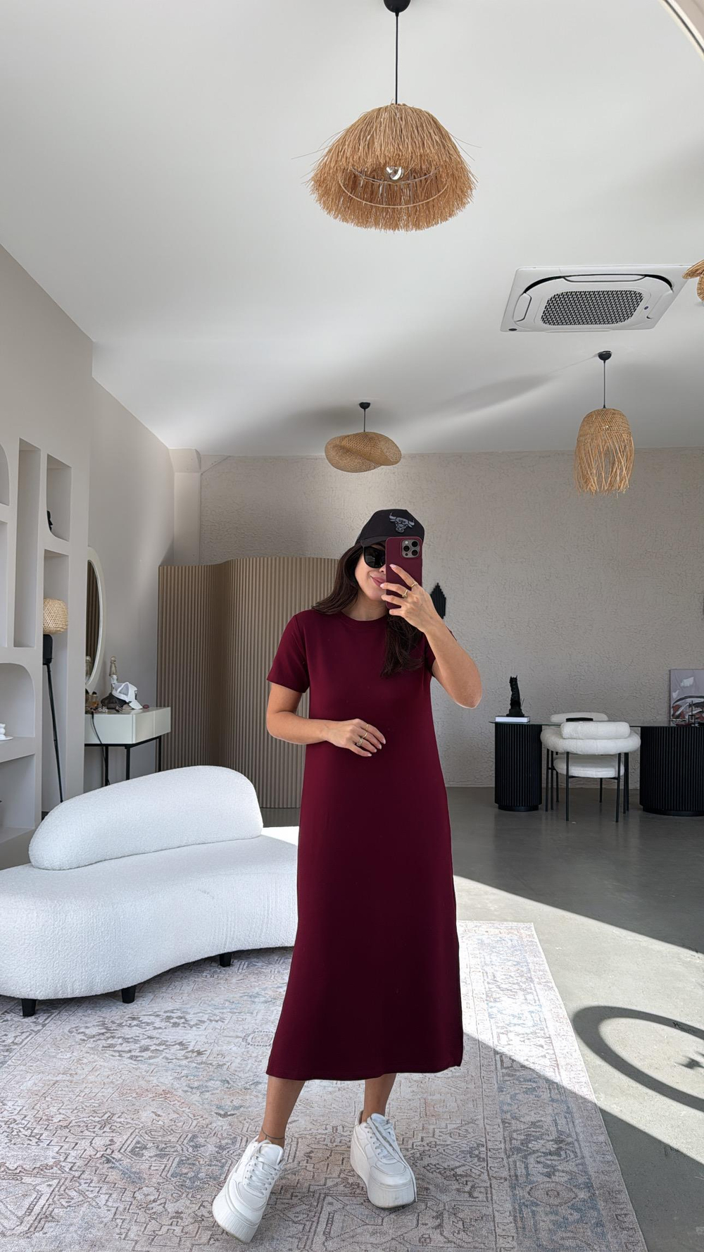 Bordo Kısa Kol Bisiklet Yaka Basic Elbise