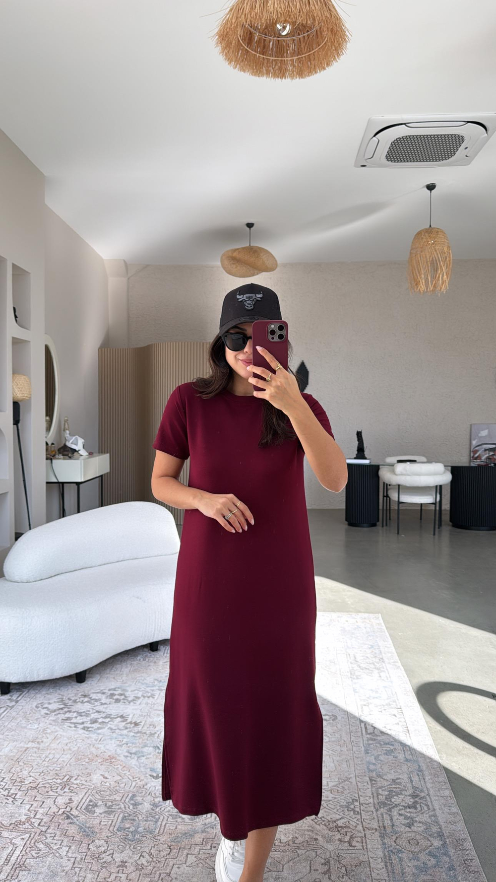 Bordo Kısa Kol Bisiklet Yaka Basic Elbise