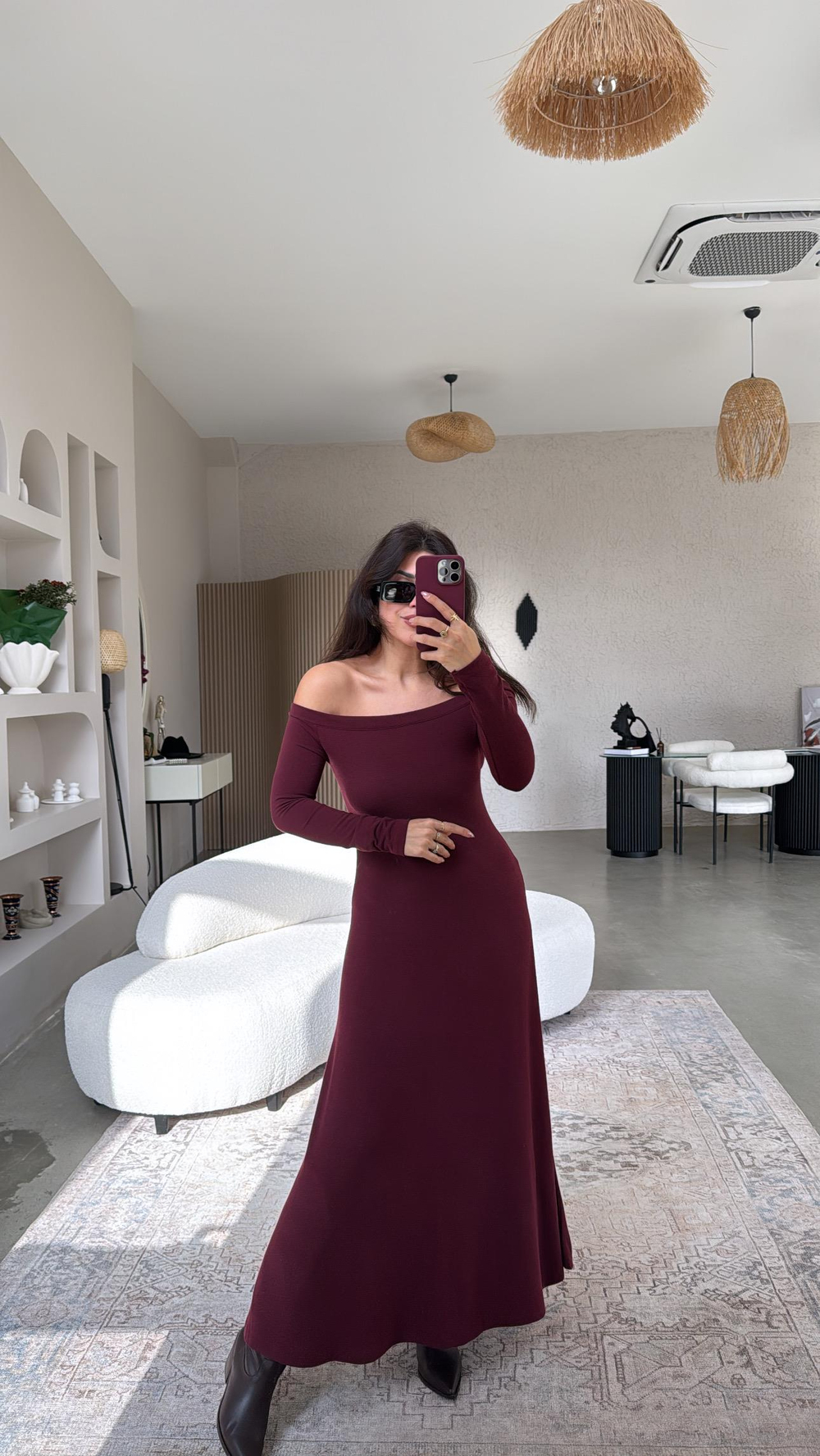Bordo Madonna Yaka Maxi Çan Elbise