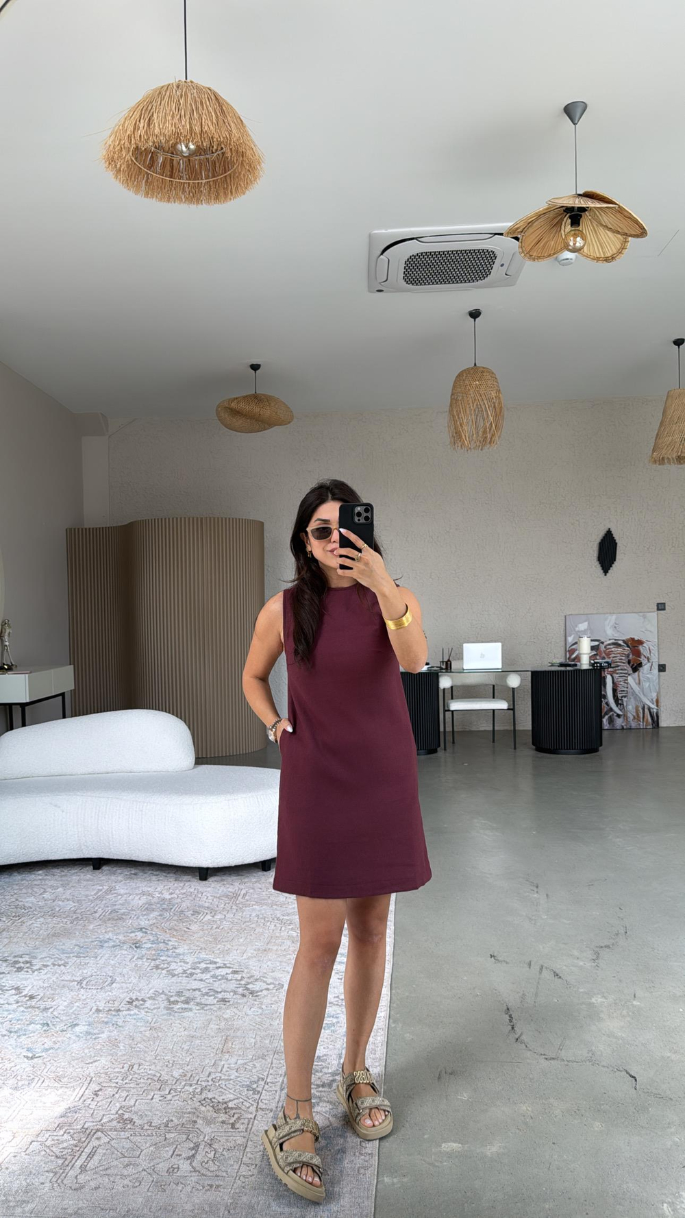 Bordo Massi Ham Keten Elbise