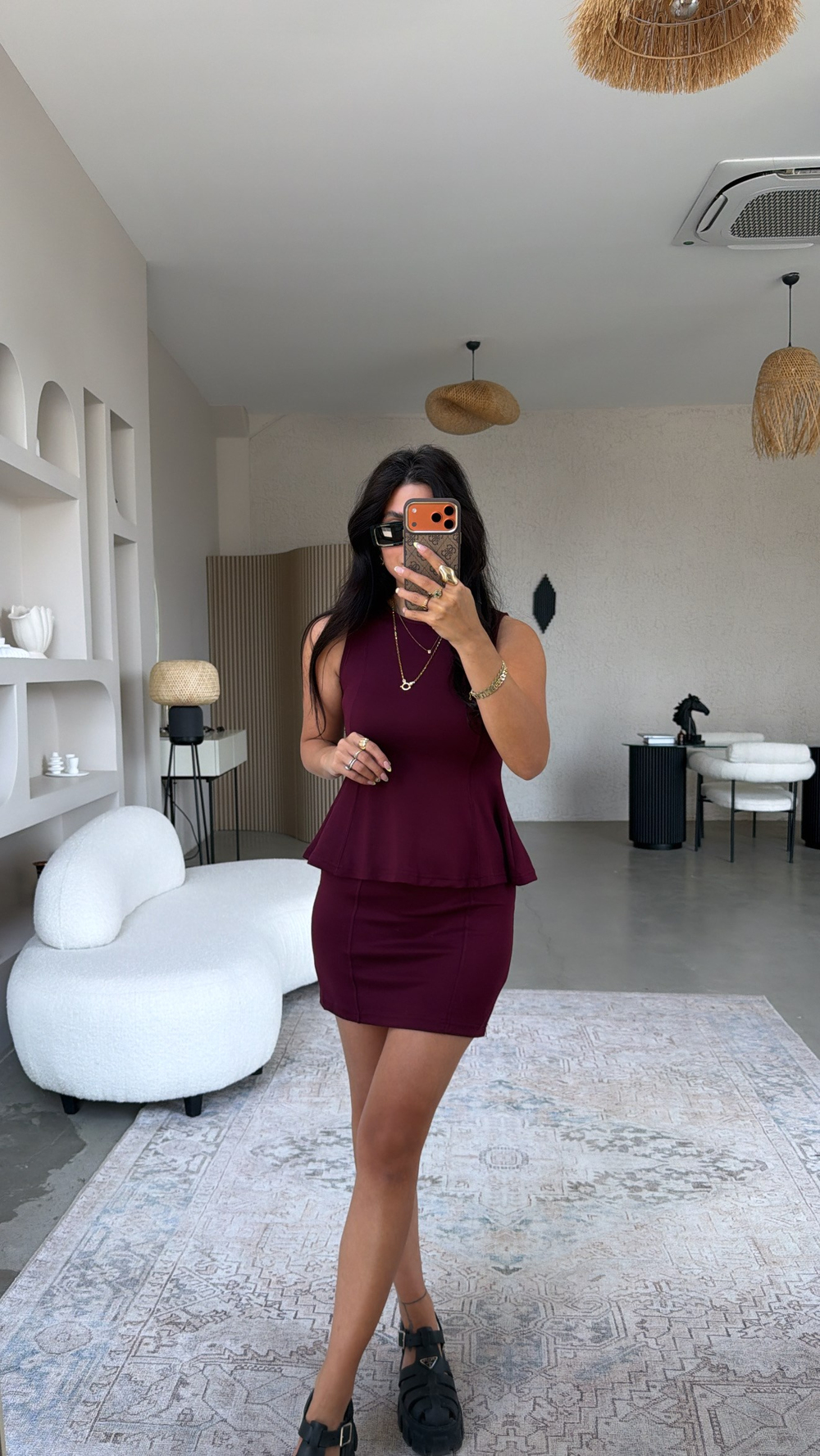Bordo Modal Volanlı Bluz Mini Etek Takım