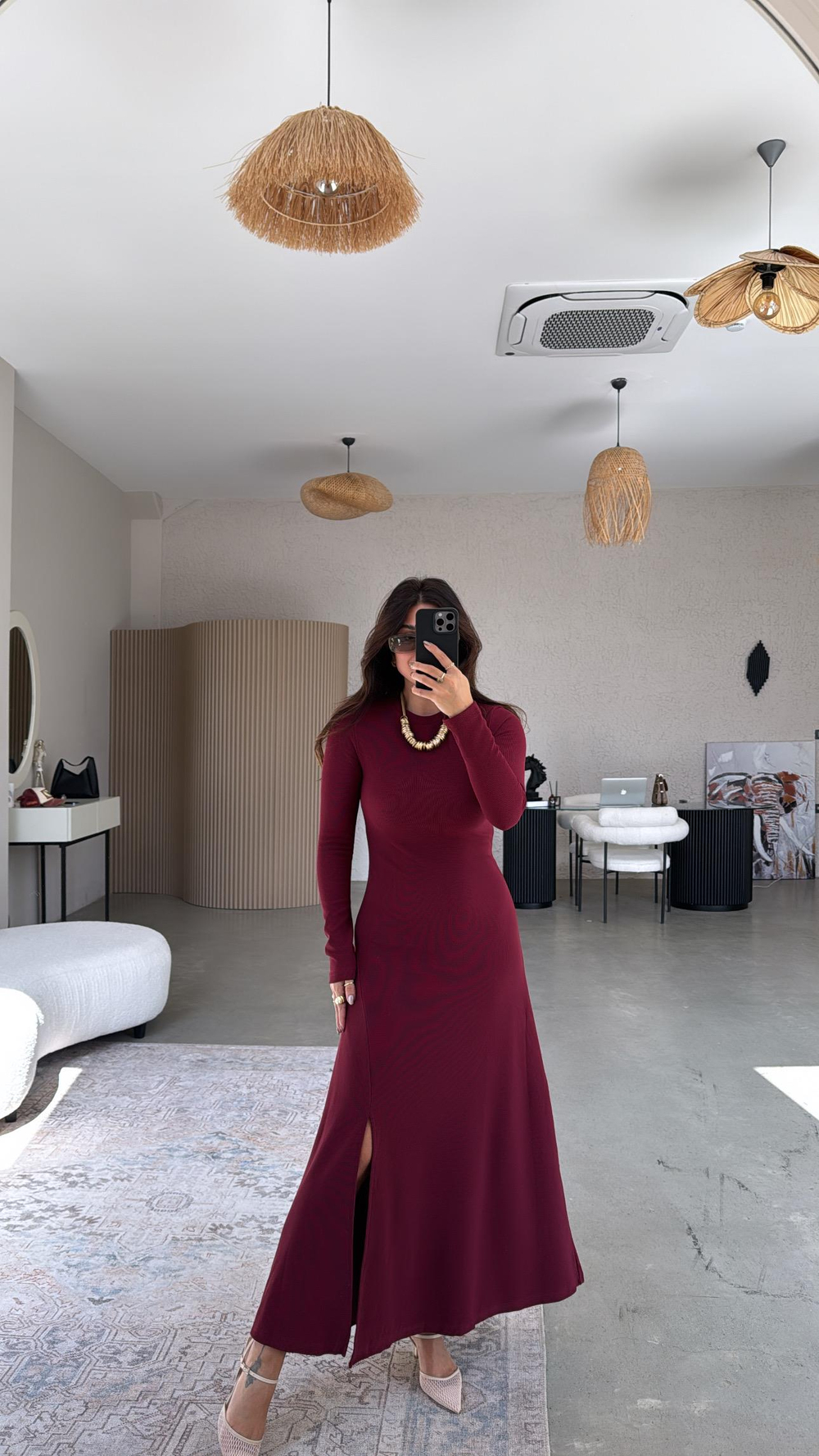 Bordo Ottoman Yırtmaç Detaylı Elbise