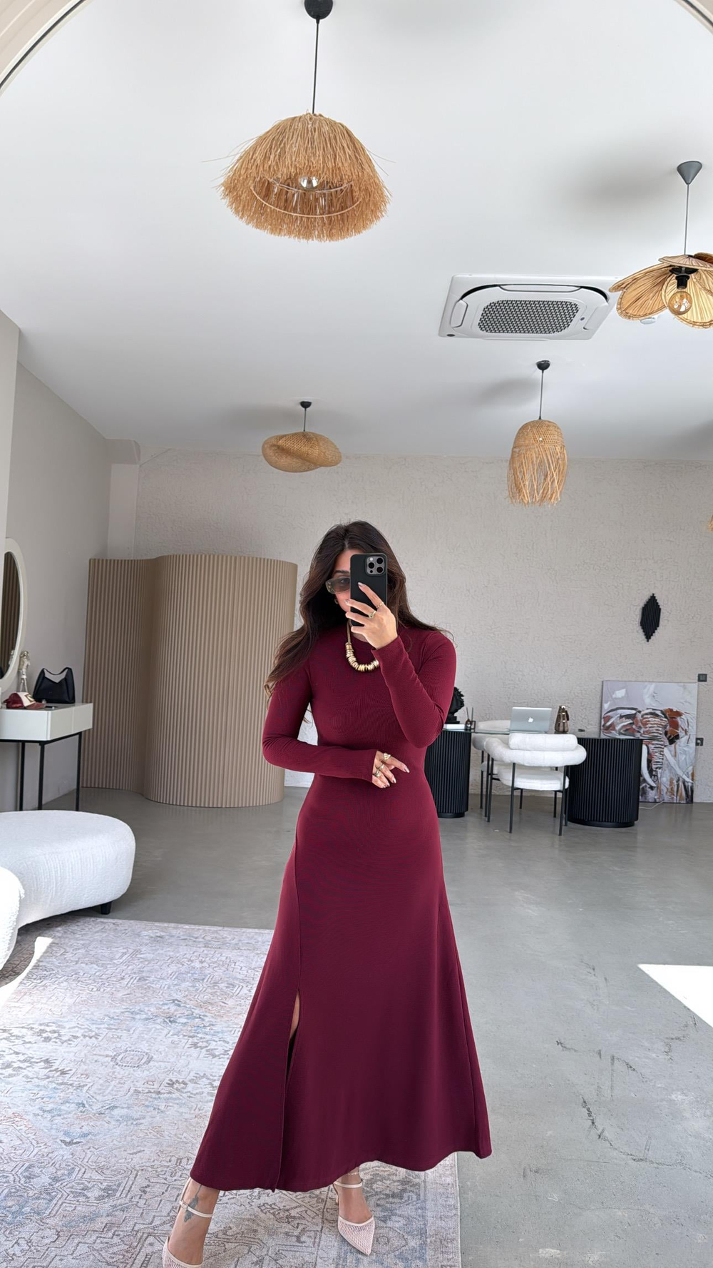 Bordo Ottoman Yırtmaç Detaylı Elbise
