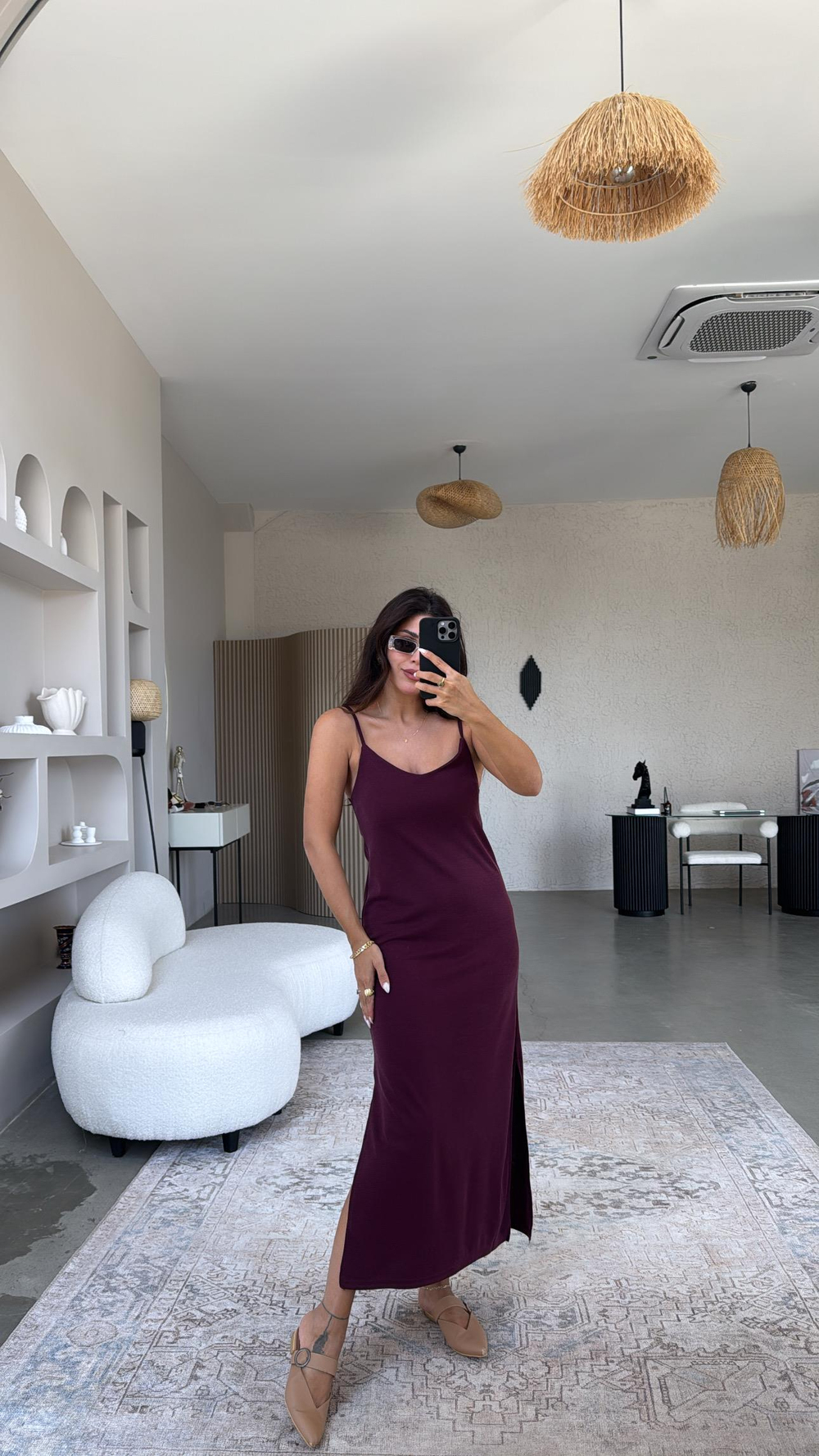 Bordo Oys Askılı Basic Elbise