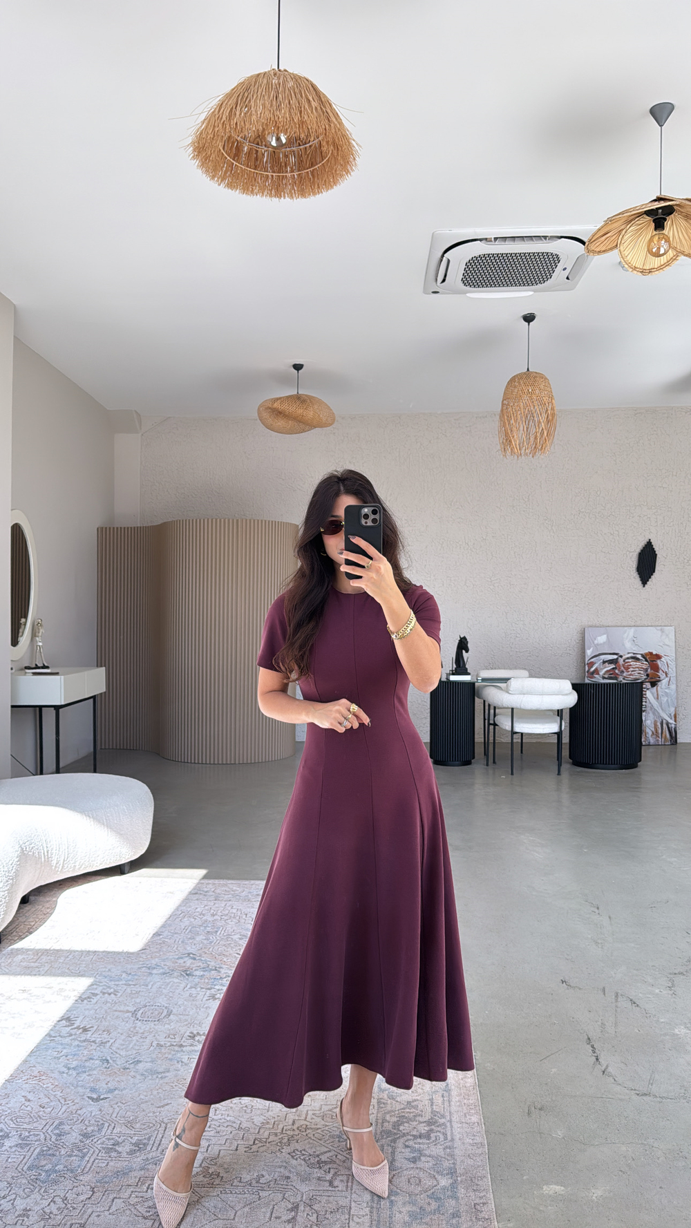 Bordo Parçalı Massi Model Maxi Elbise