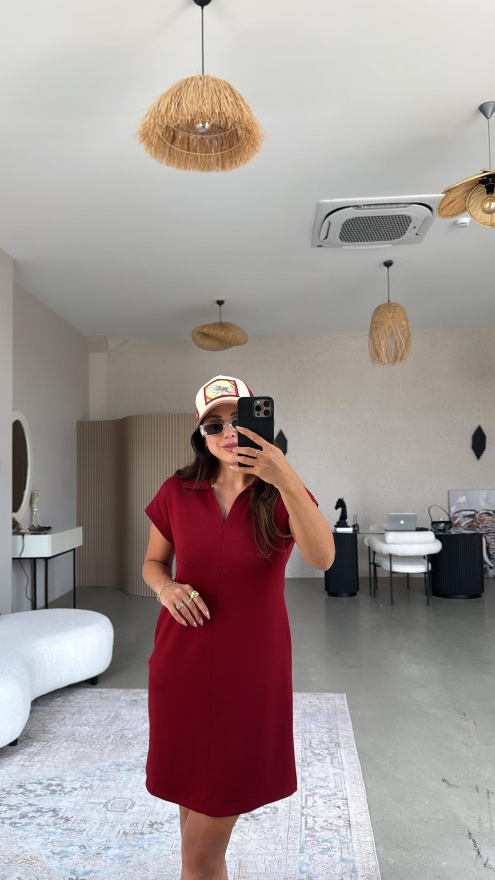 Bordo Polo Yaka Çımalı Elbise