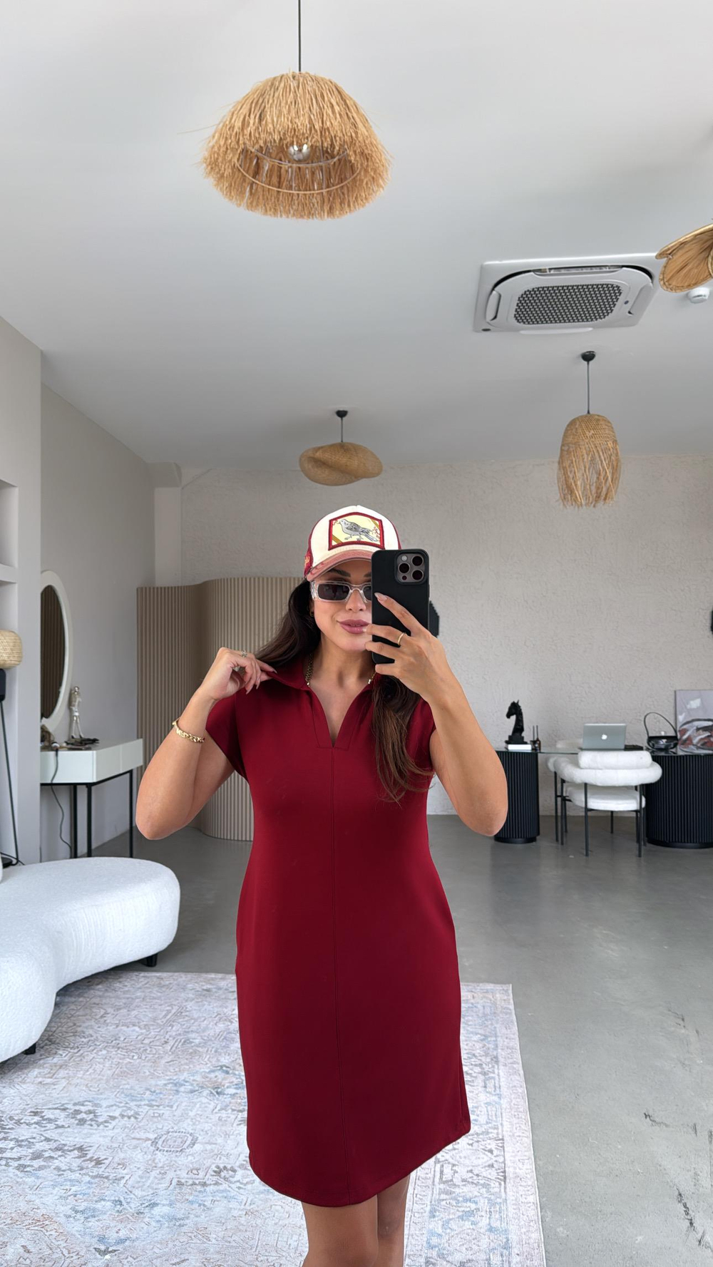 Bordo Polo Yaka Çımalı Elbise