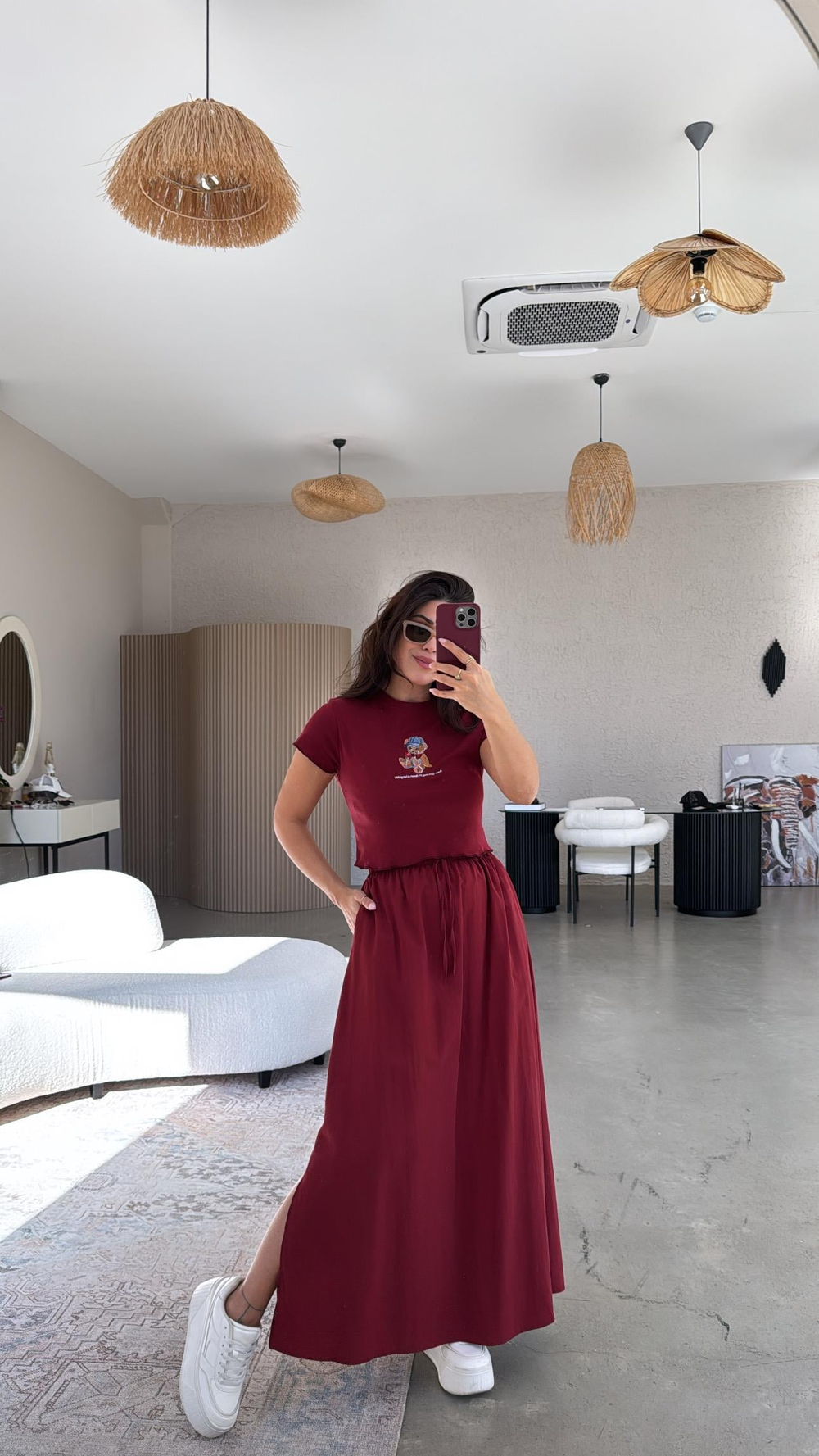 Bordo Poplin Maxi Etek