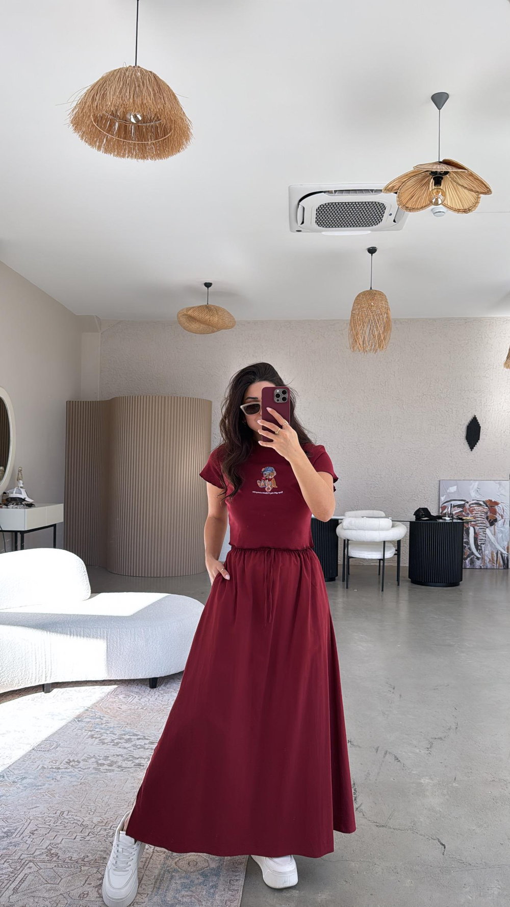 Bordo Poplin Maxi Etek