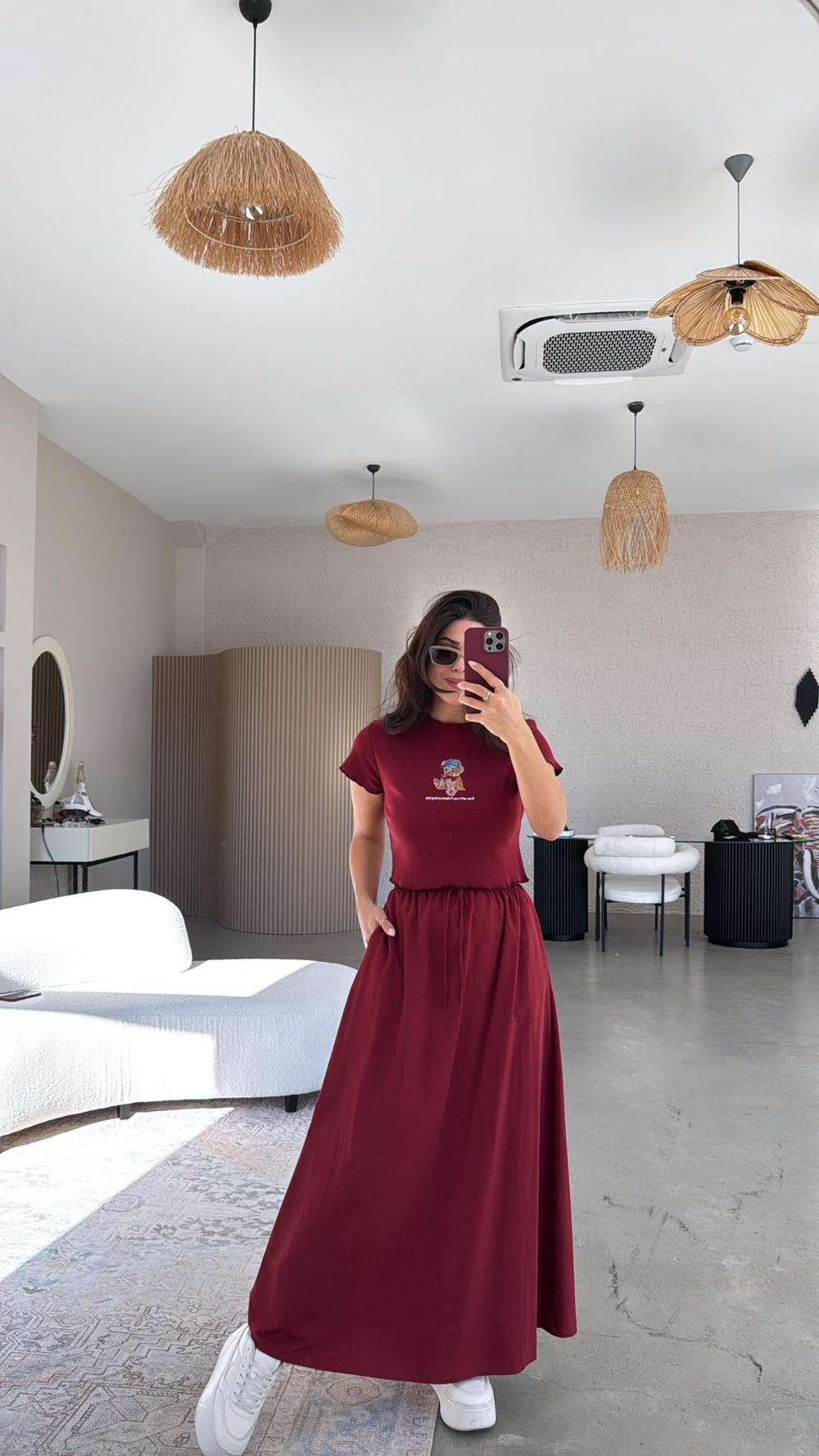 Bordo Poplin Maxi Etek