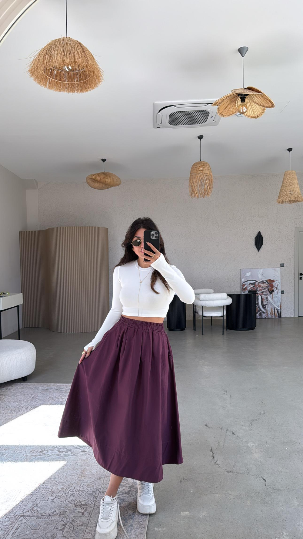 Bordo Poplin Midi Etek