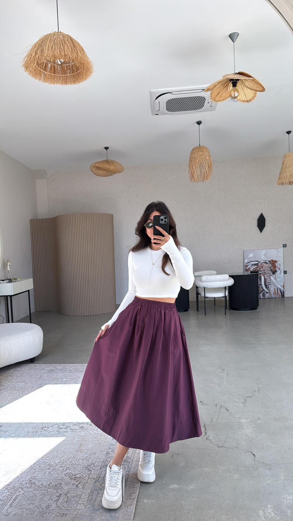 Bordo Poplin Midi Etek