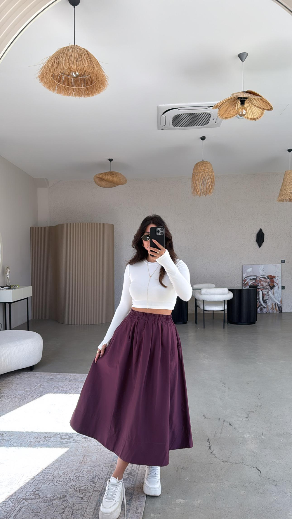 Bordo Poplin Midi Etek