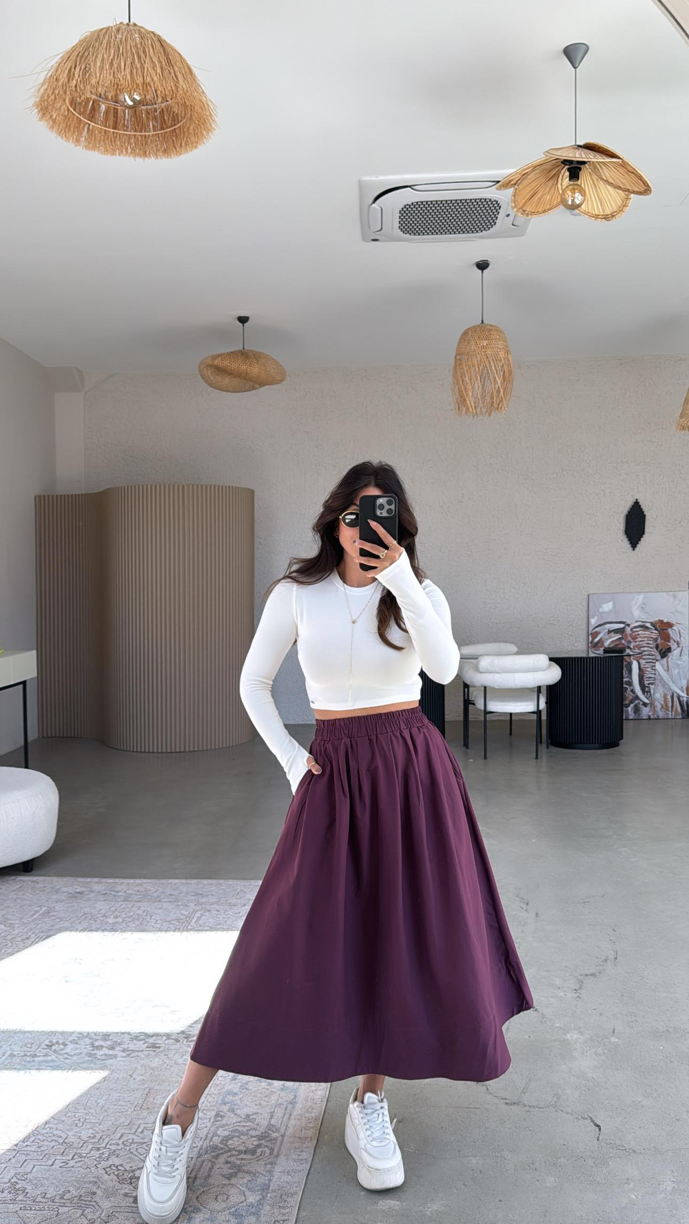 Bordo Poplin Midi Etek