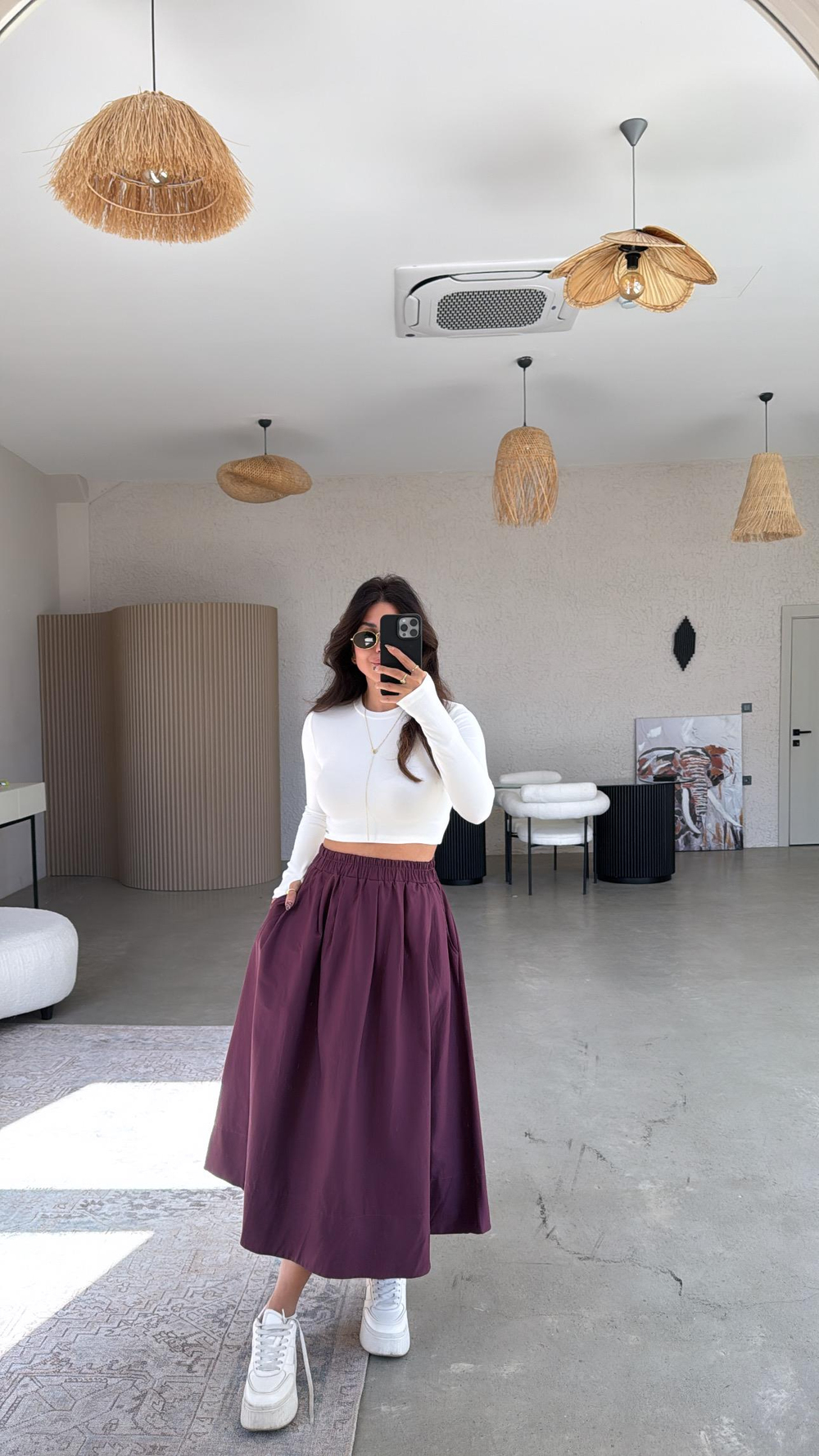 Bordo Poplin Midi Etek