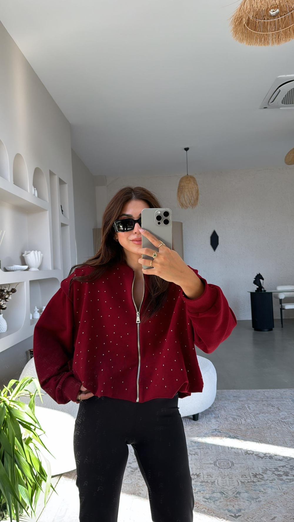 Bordo Taşlı Fermuarlı Ceket