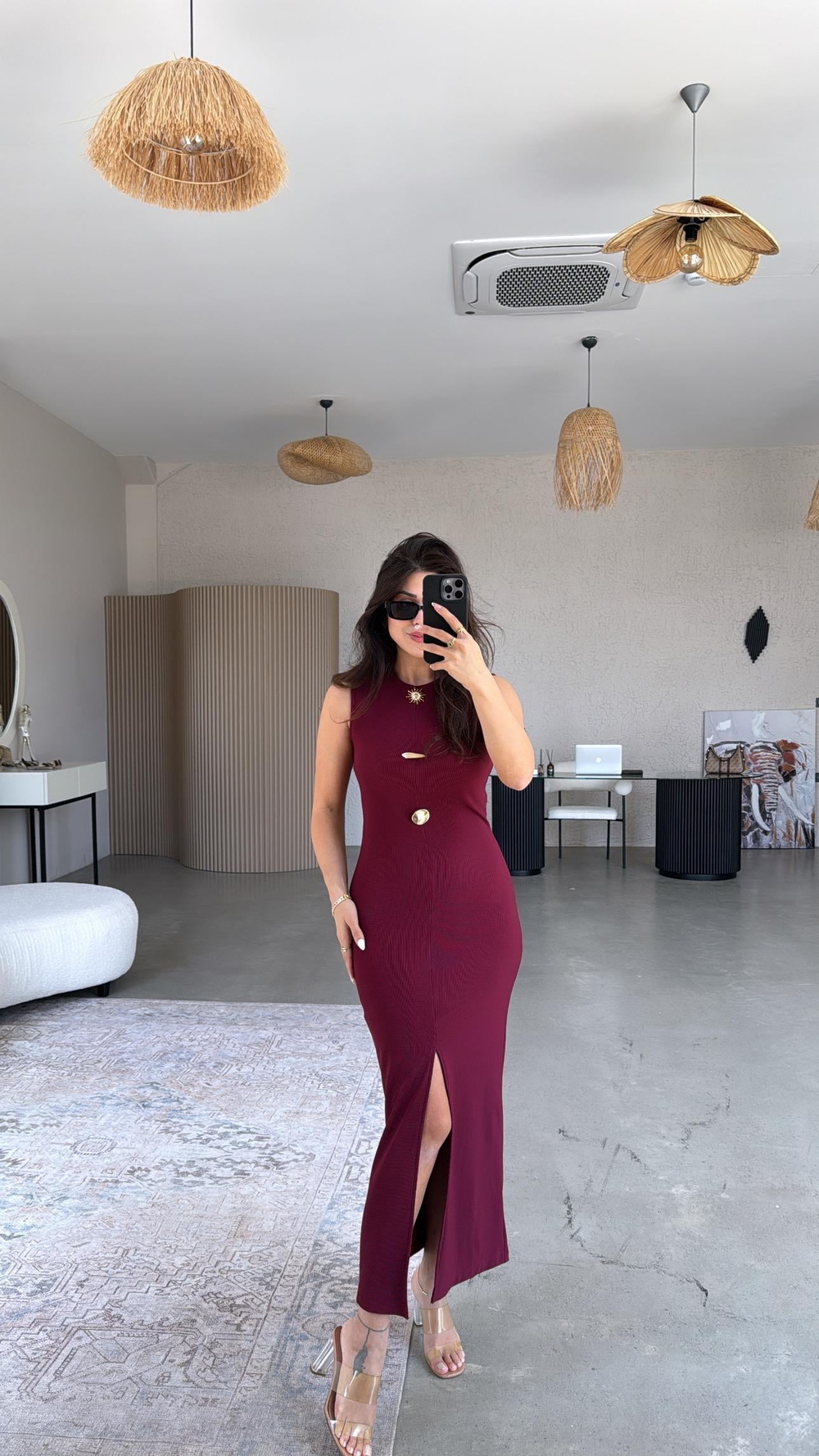 Bordo Üç Broş Detaylı Ottoman Elbise