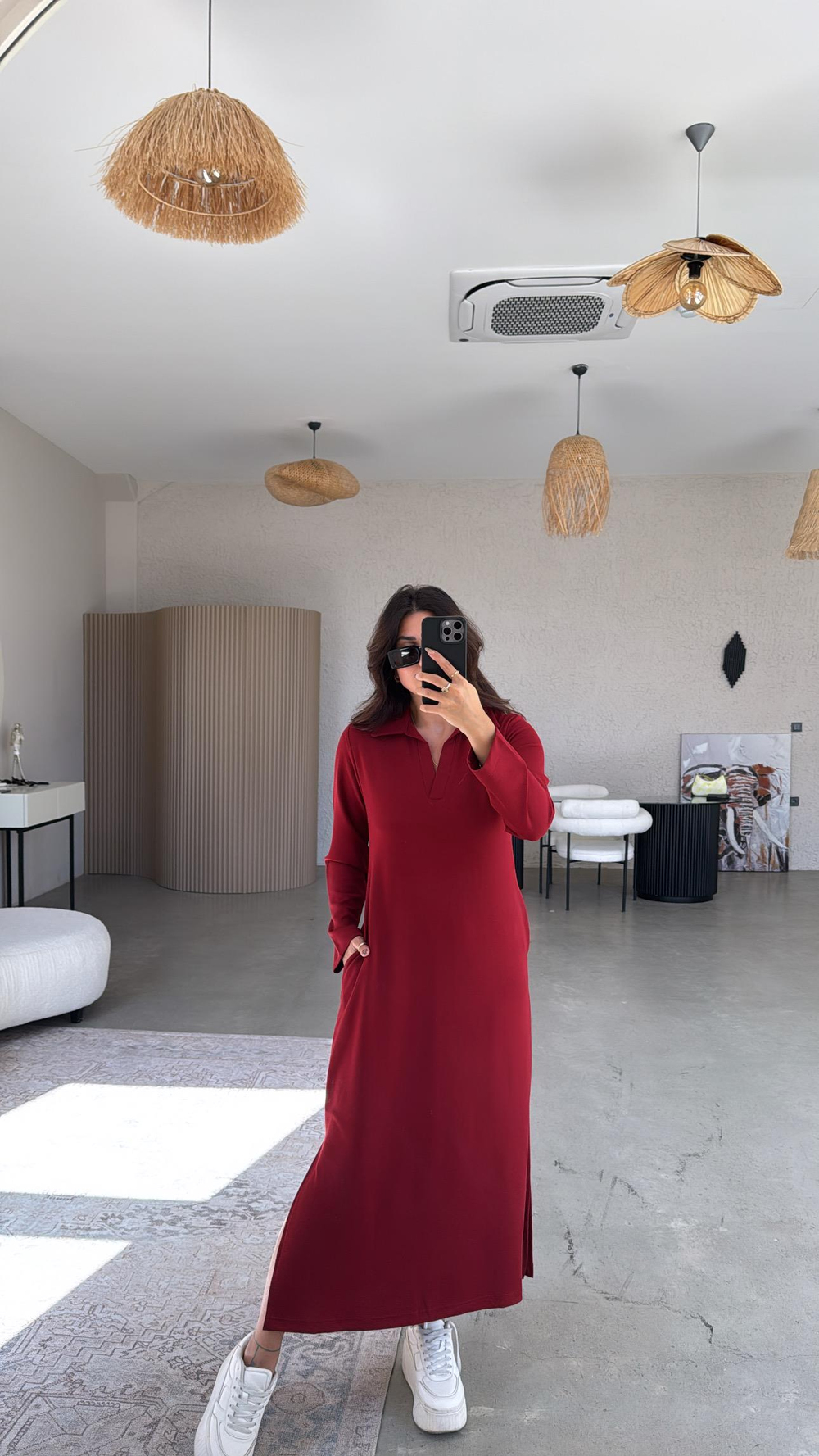 Bordo Uzun Kollu Yakalı Modal Elbise