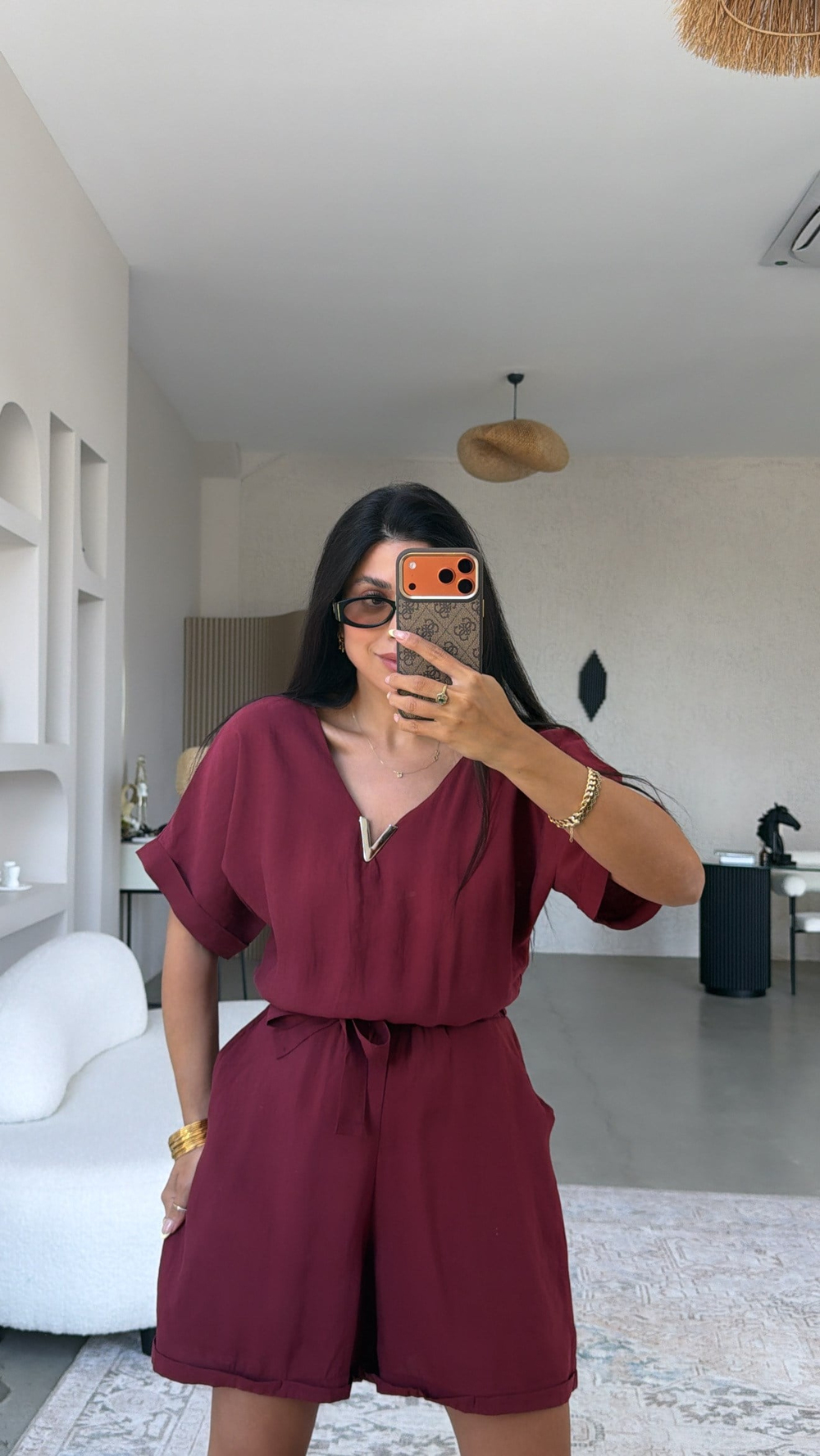 Bordo V Aksesuarlı Tensel Kumaş Tulum