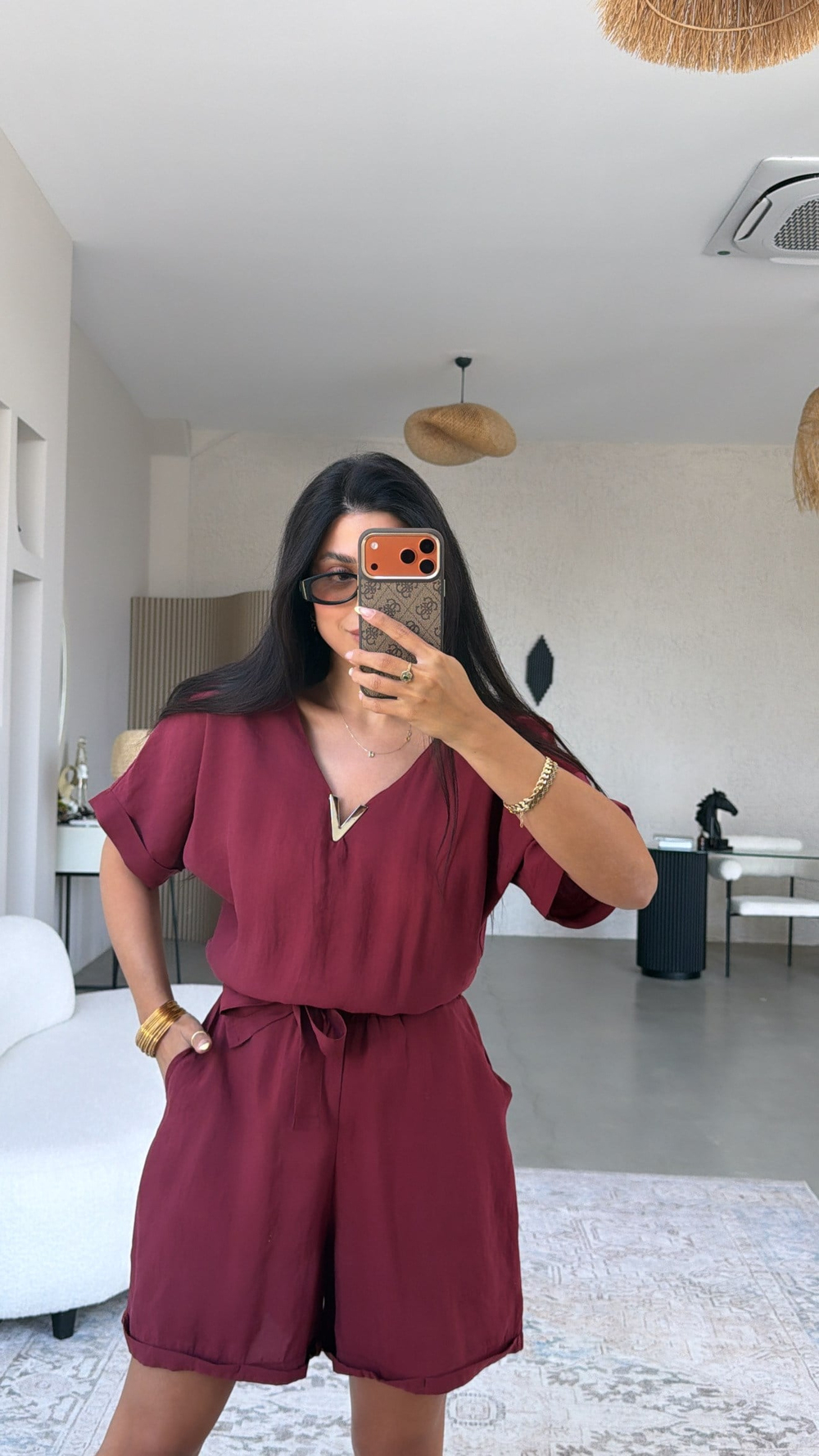 Bordo V Aksesuarlı Tensel Kumaş Tulum