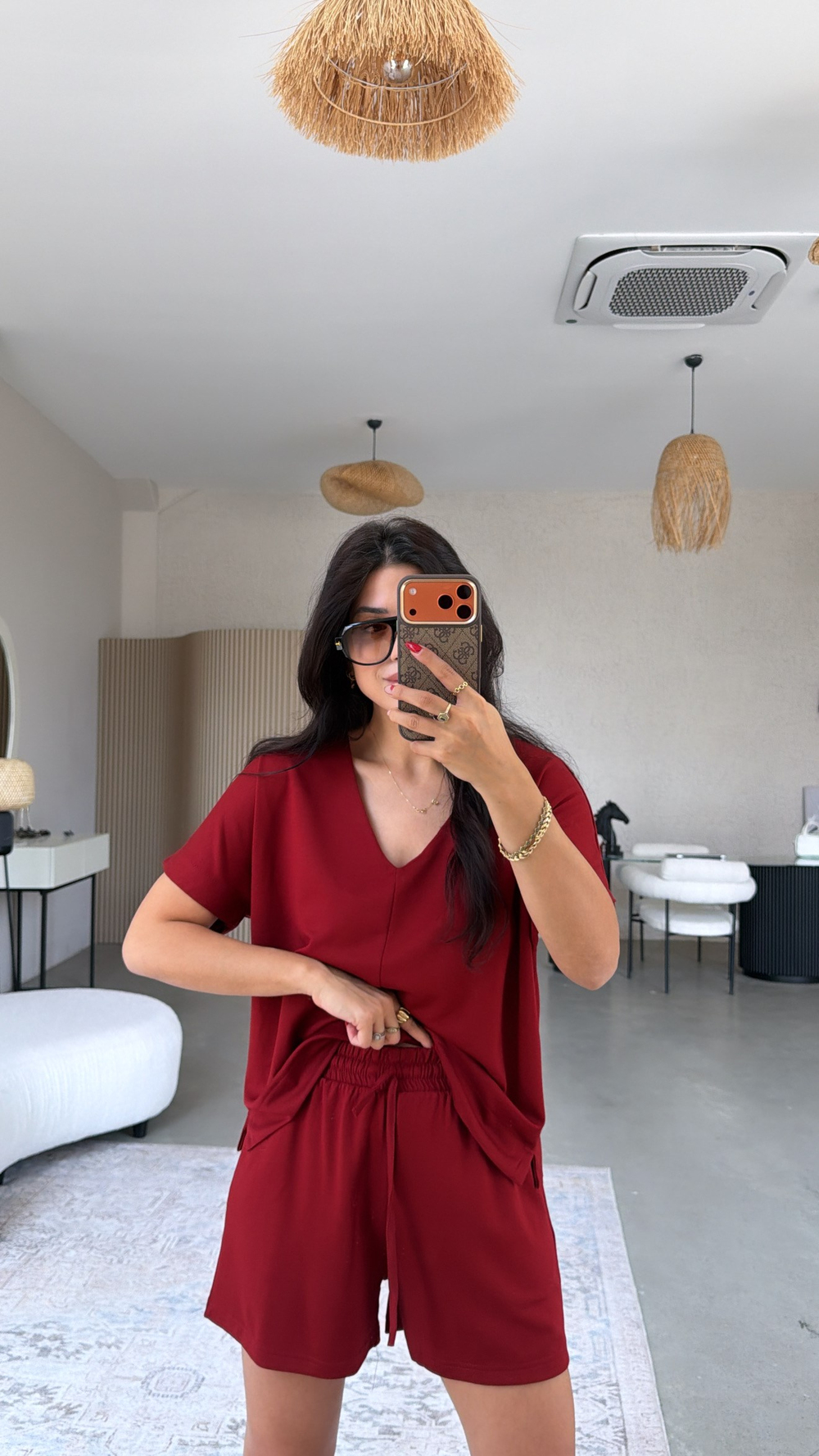 Bordo V Yaka Modal Şort Bluz Takım