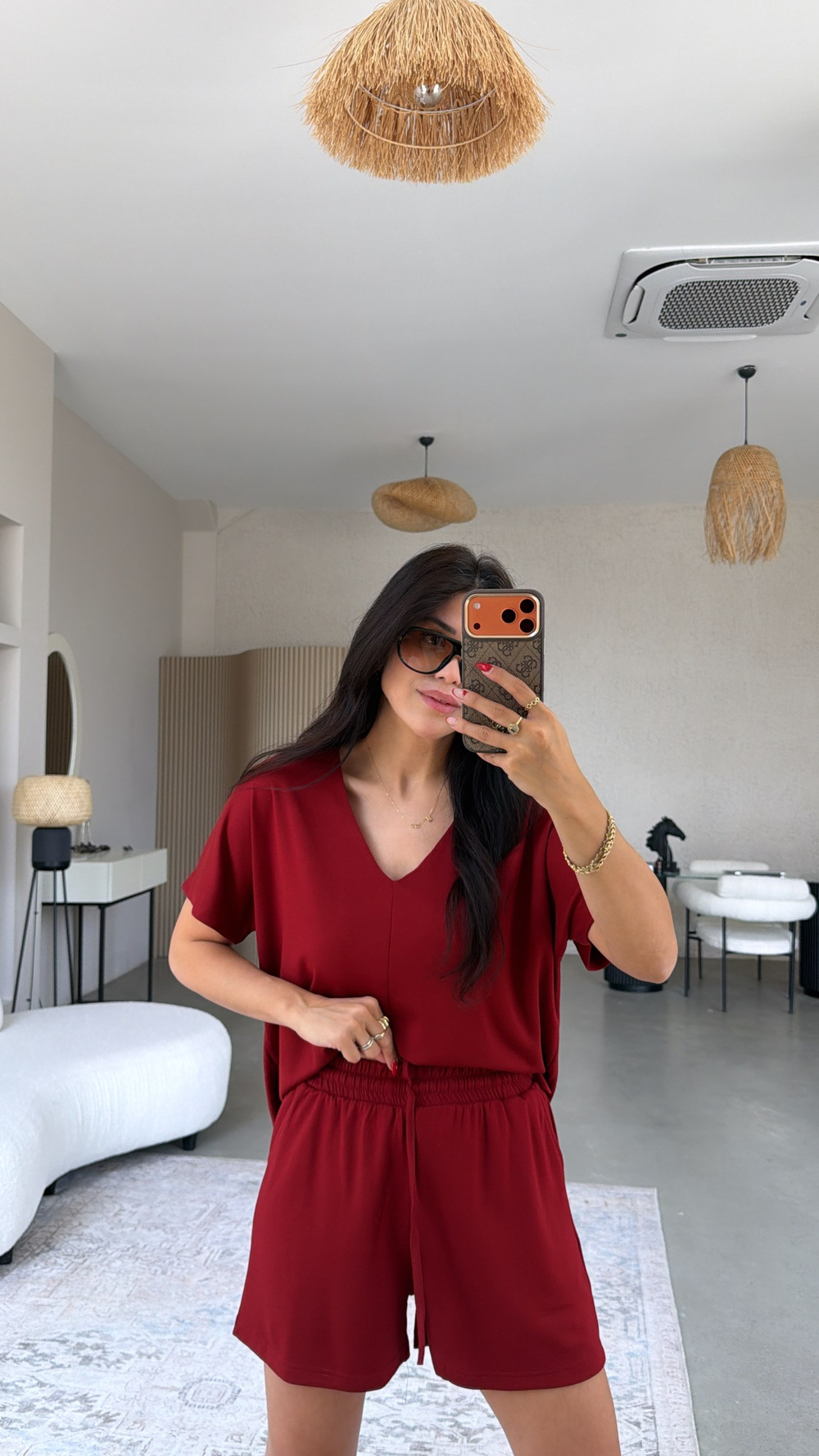 Bordo V Yaka Modal Şort Bluz Takım