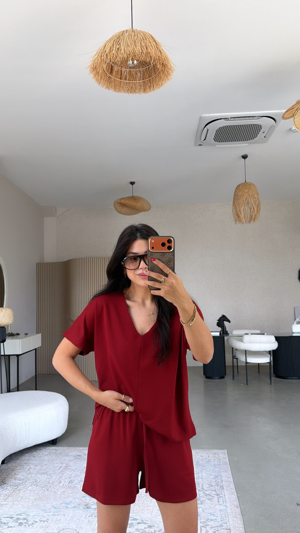 Bordo V Yaka Modal Şort Bluz Takım