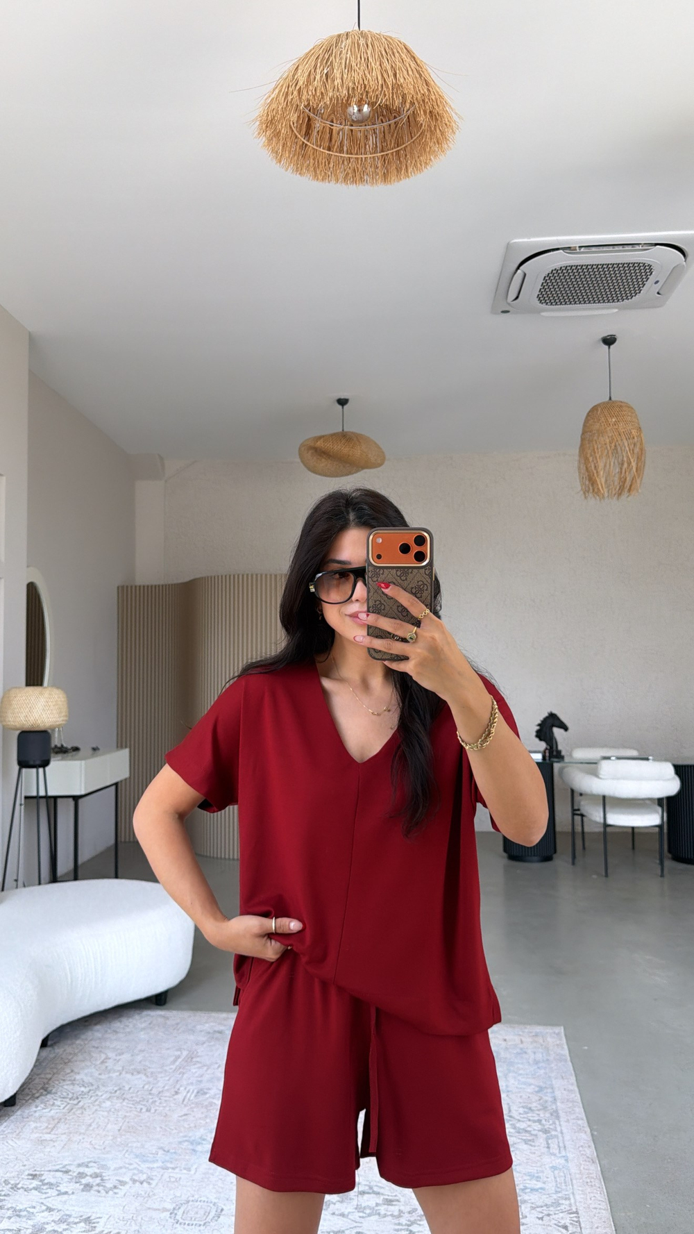 Bordo V Yaka Modal Şort Bluz Takım