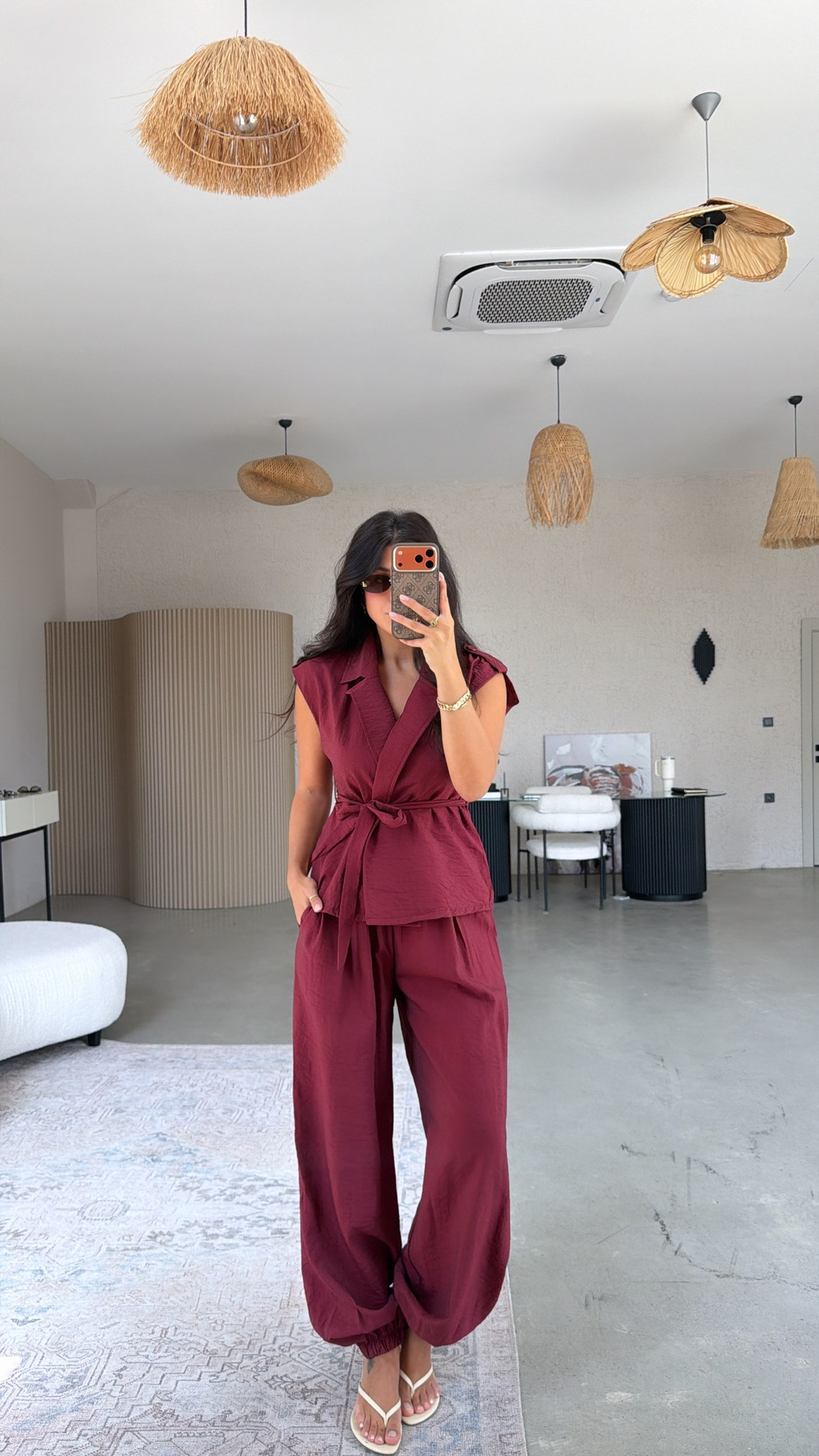 Bordo Yakalı Kuşaklı Yelekli Şalvar Takım