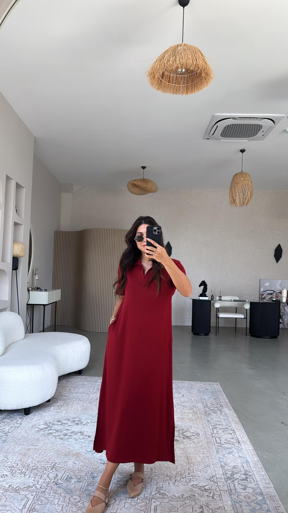 Bordo Yakalı Uzun Modal Elbise