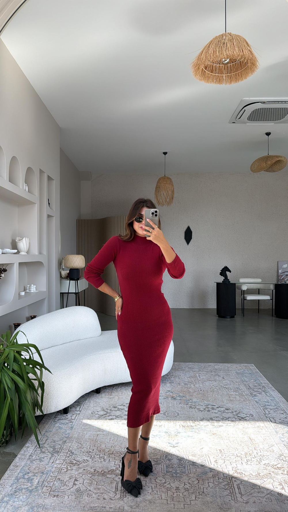 Bordo Yün Karışımlı Triko Kalem Elbise