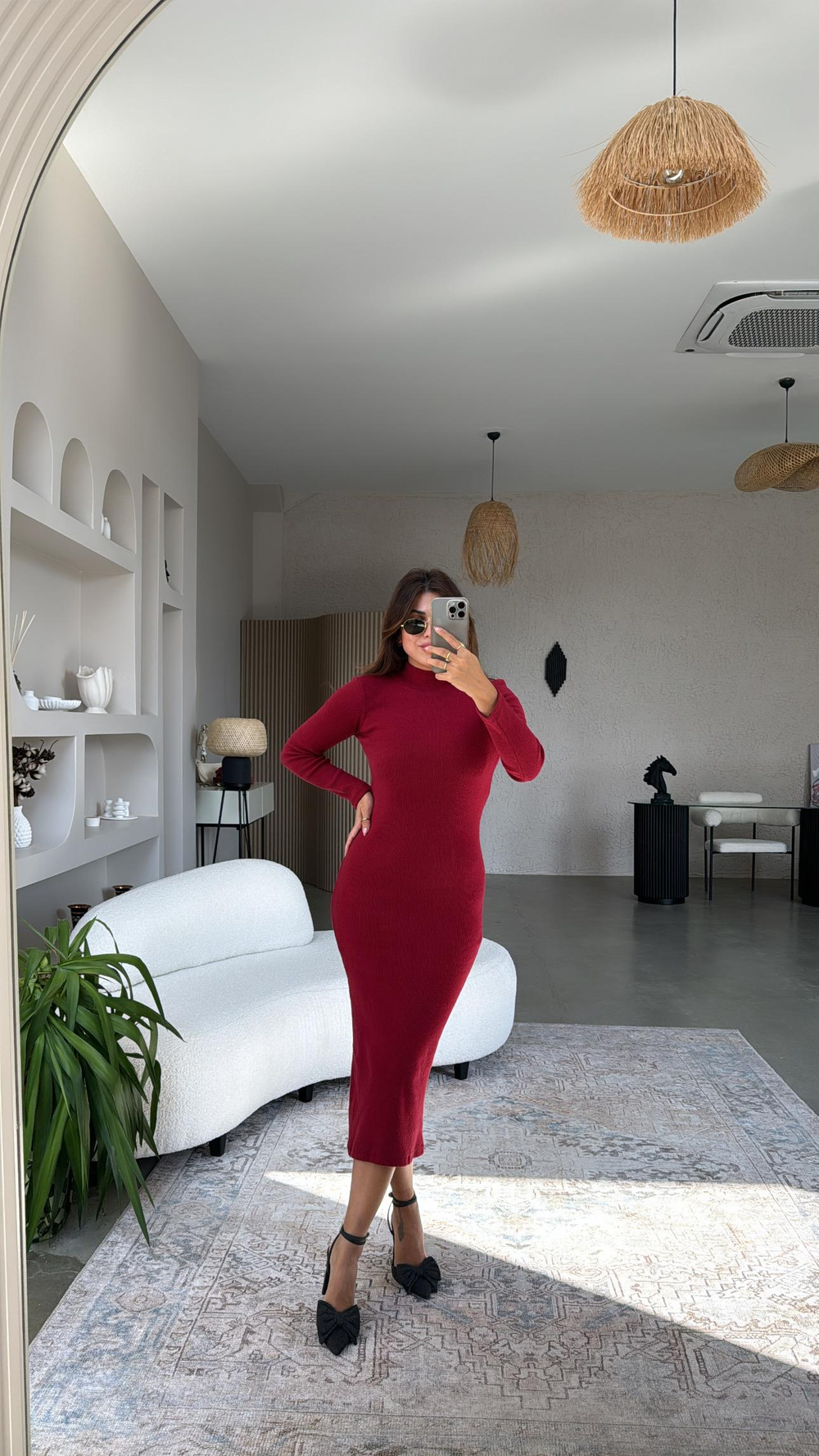 Bordo Yün Karışımlı Triko Kalem Elbise