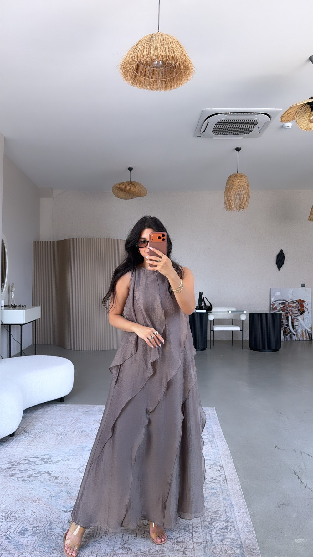 Bronz Volan Detaylı Astarlı Maxi Elbise
