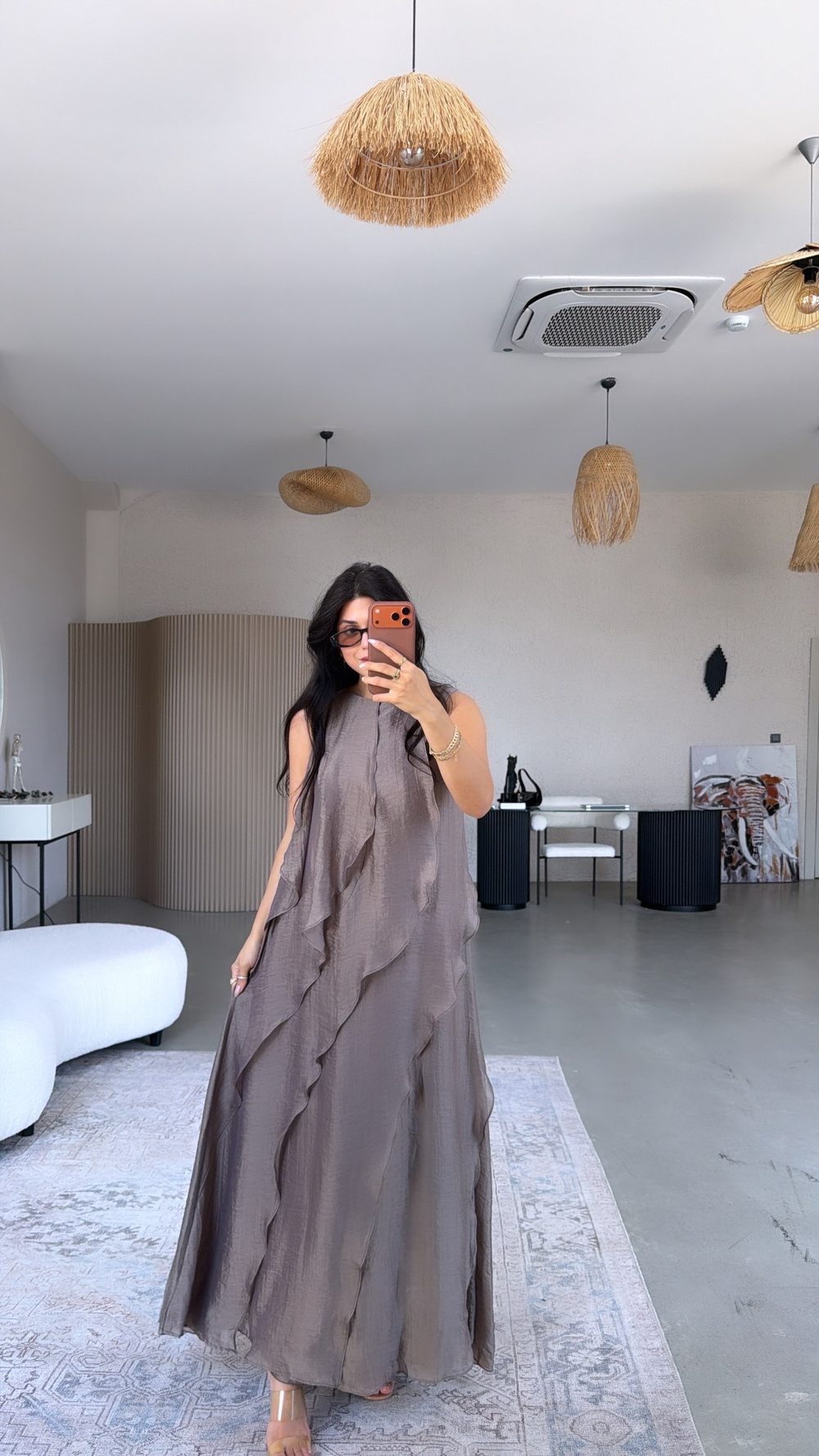 Bronz Volan Detaylı Astarlı Maxi Elbise