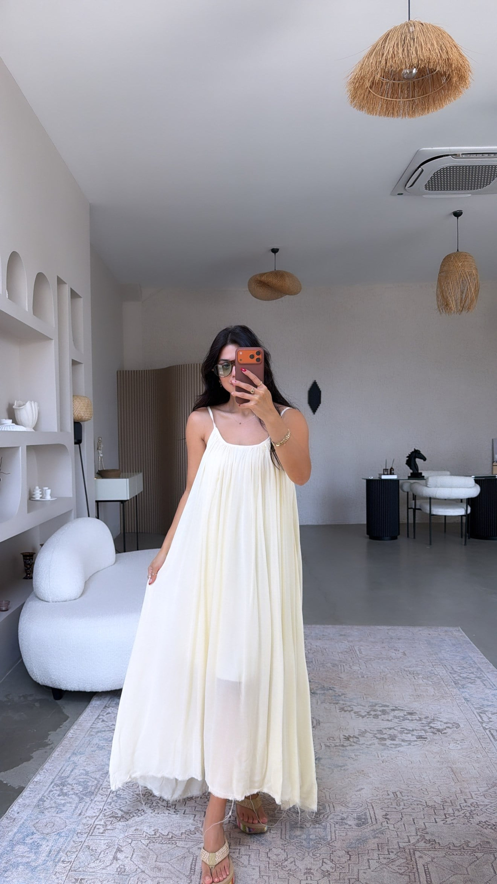 Butter Yellow Askılı Romantik Pamuk Uzun Elbise